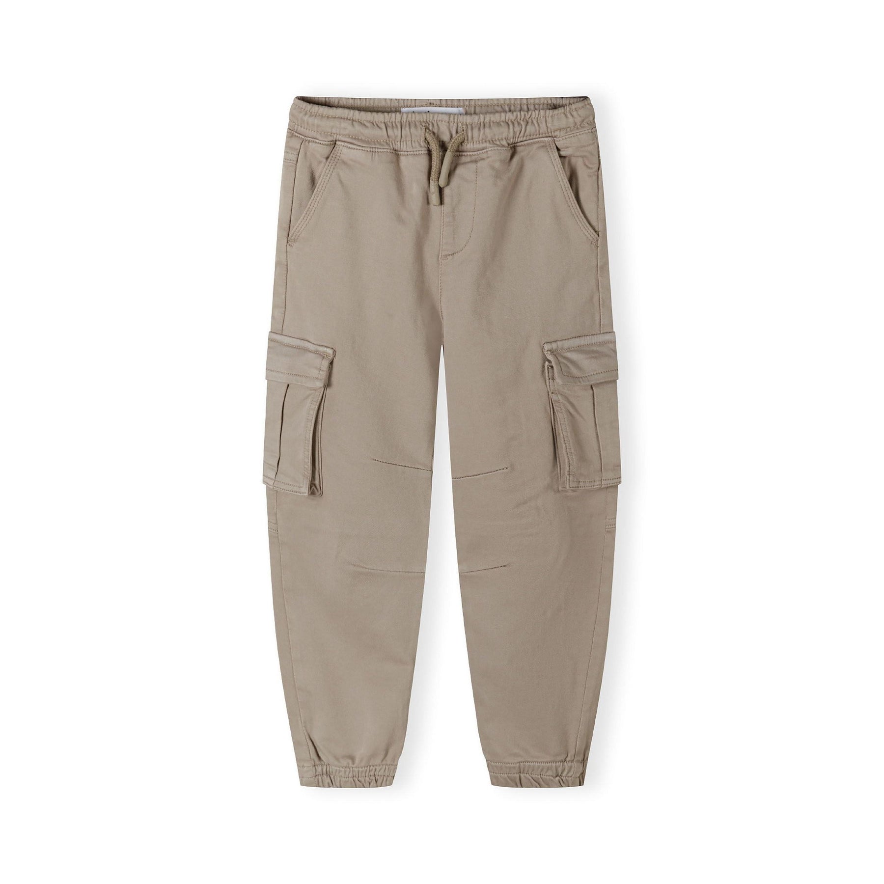Grey cargo trousers with elasticated waist and multiple cargo pockets, displayed flat against white background showing full front view