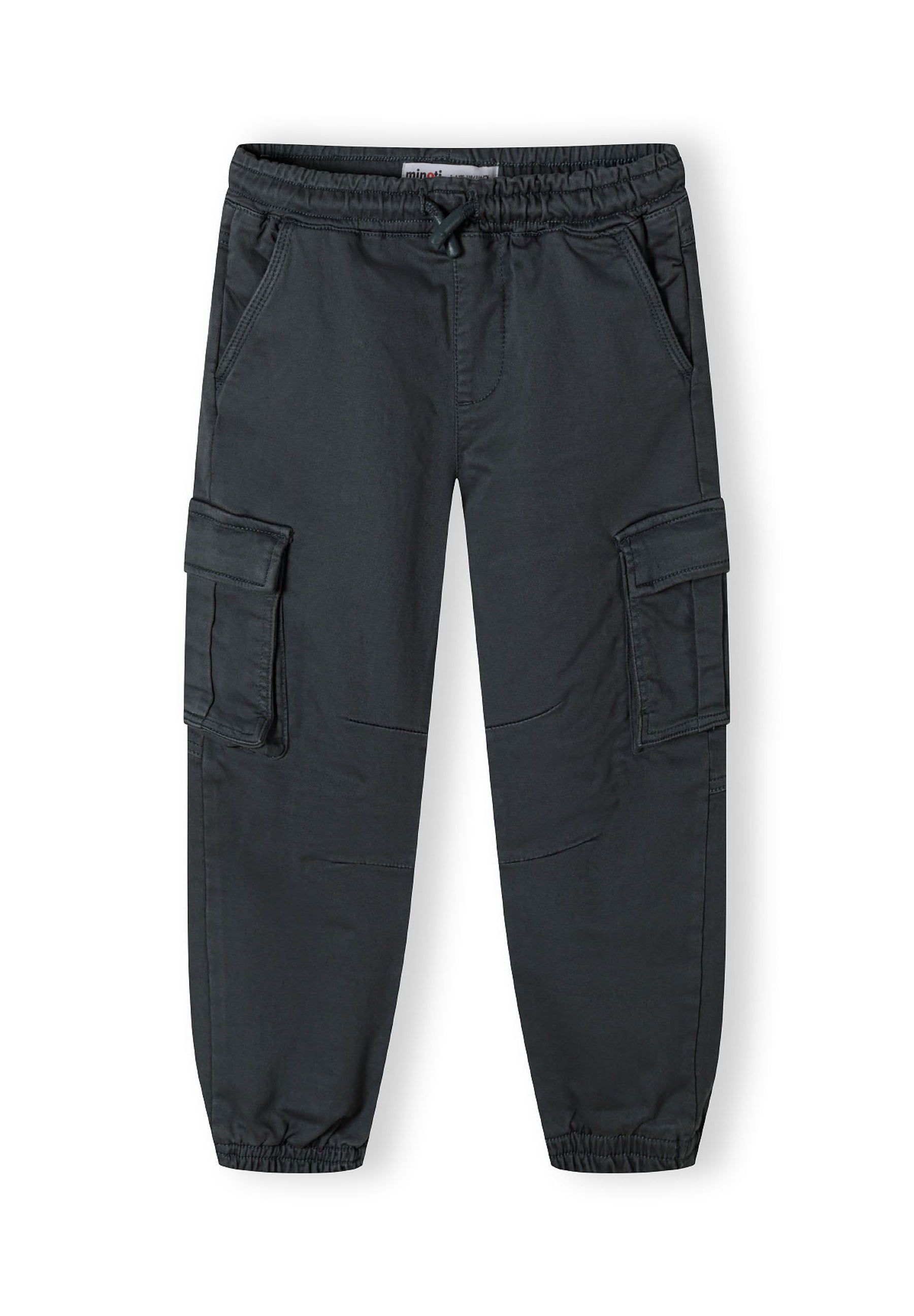 Boys cargo trousers in dark blue with elastic waistband and side cargo pockets.