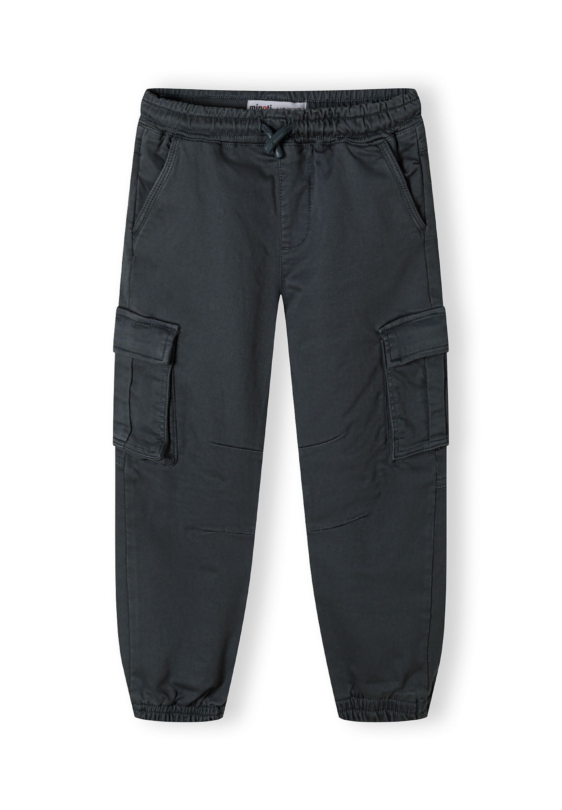 Boys cargo trousers in dark blue with elastic waistband and side cargo pockets.