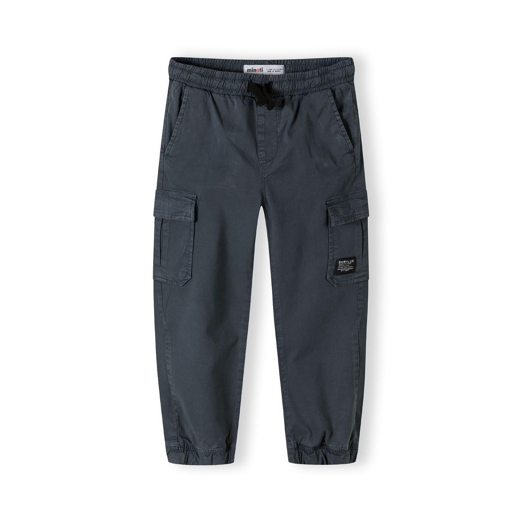 Back view of navy cargo trousers showing elasticated waistband, cargo pockets on legs, and ankle cuffs on white background