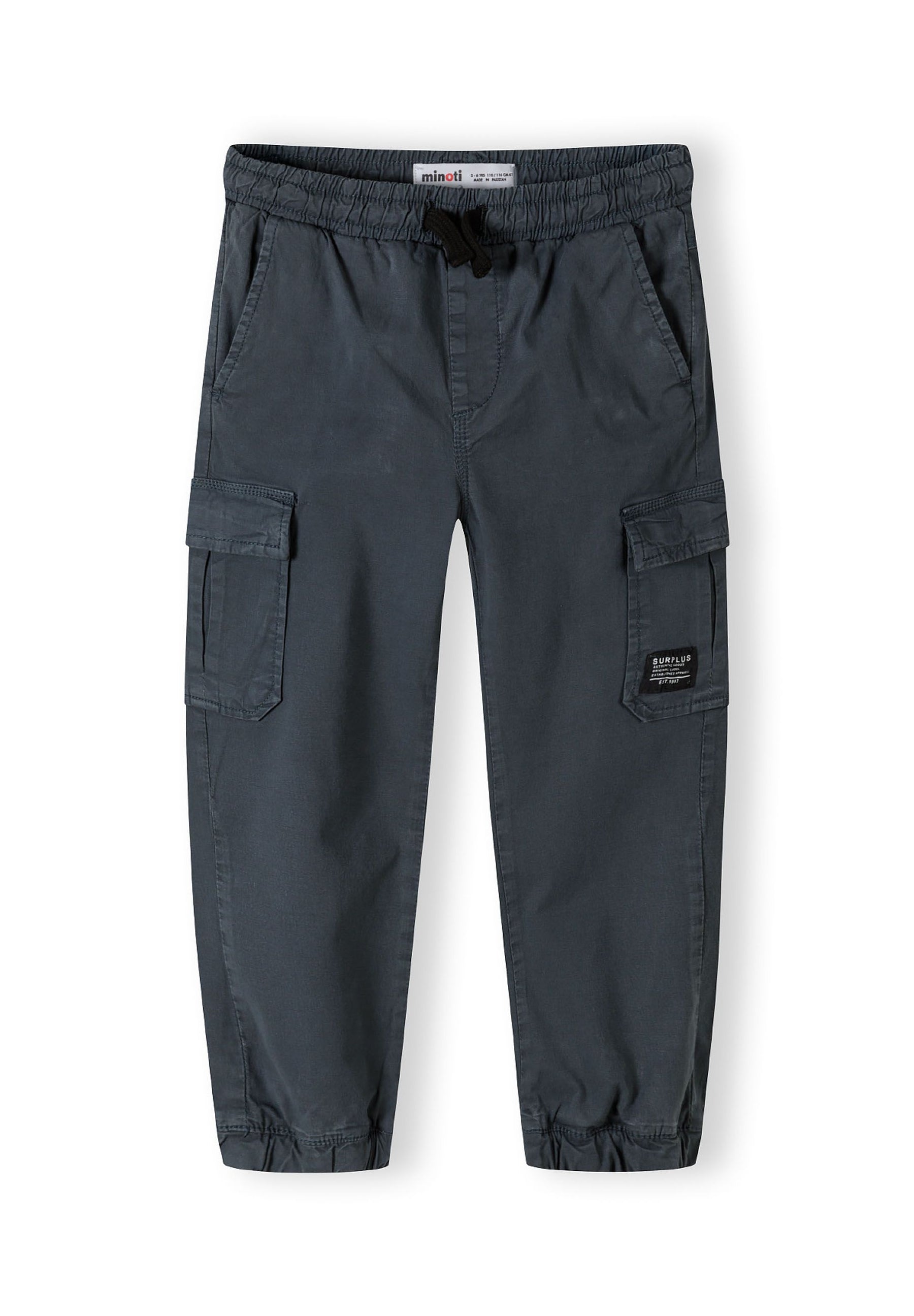 Boys cargo trousers in dark blue, front view with elastic waistband and side cargo pockets.