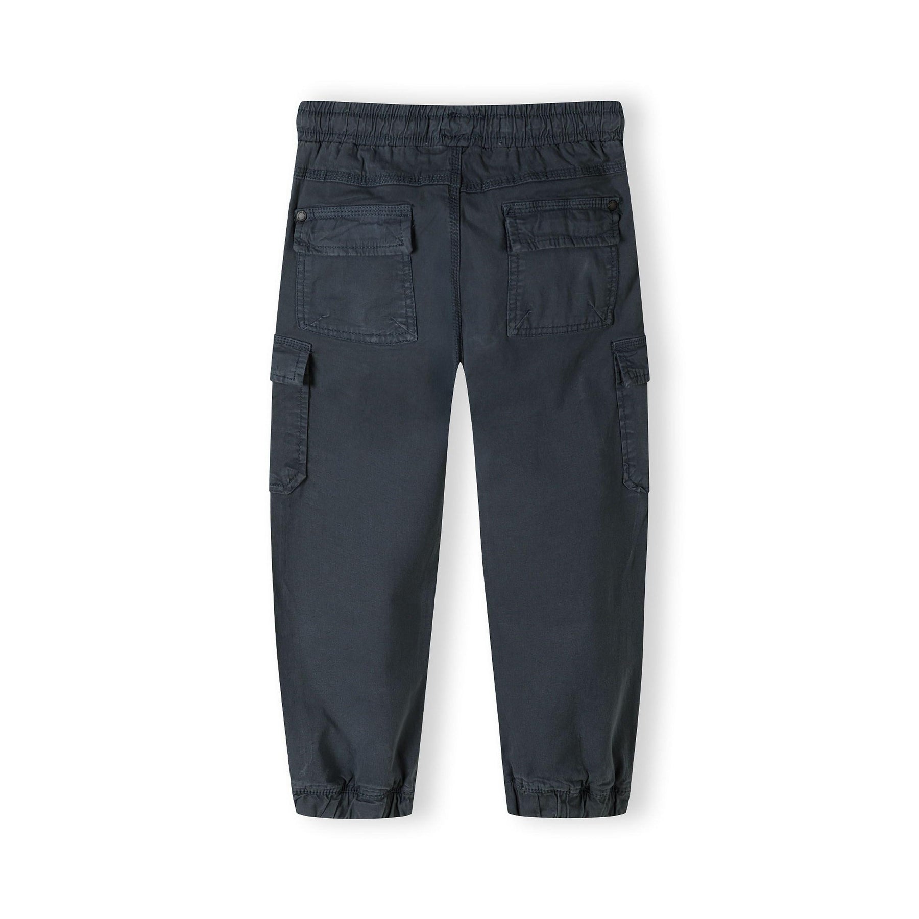 Back view of navy cargo trousers showing elasticated waistband, cargo pockets on legs, and ankle cuffs on white background