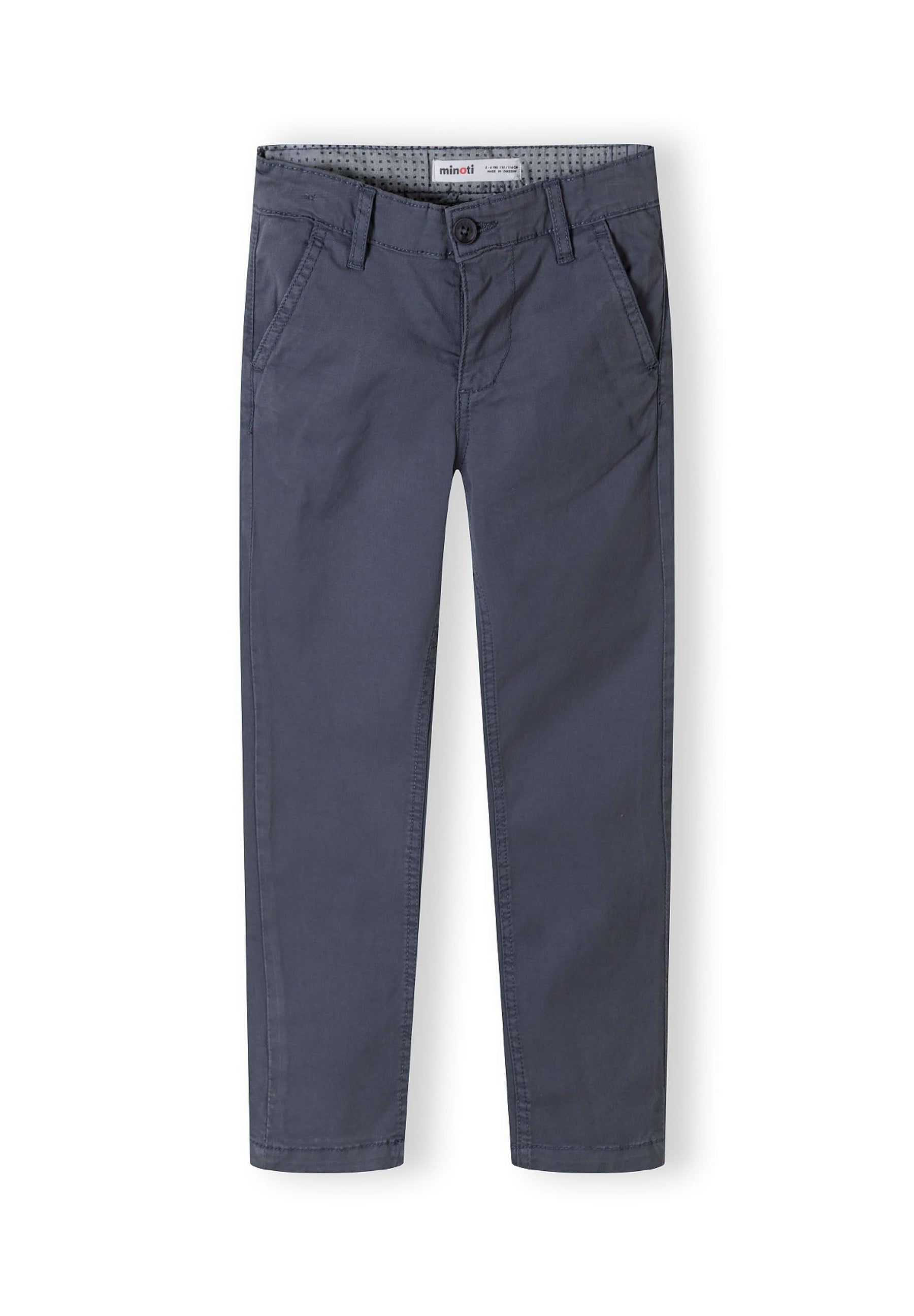Boys navy chino trousers, front and back pockets, tailored cut.
