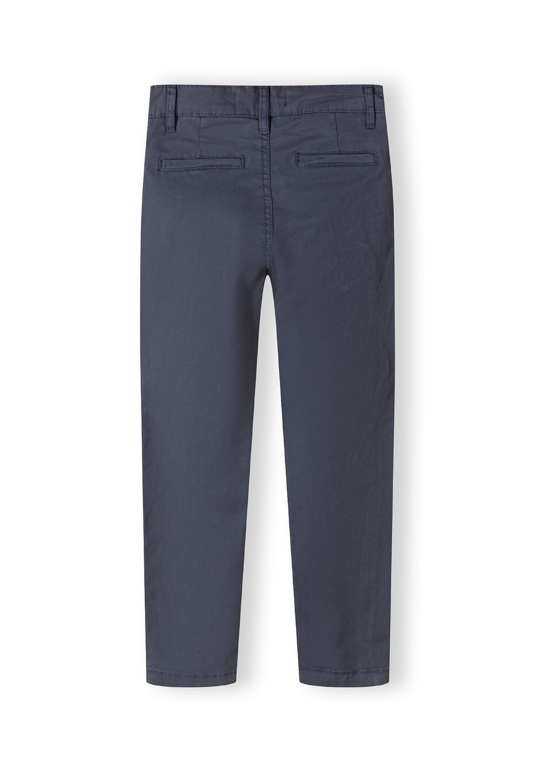 Boys navy chino trousers, back view, featuring front and back pockets.