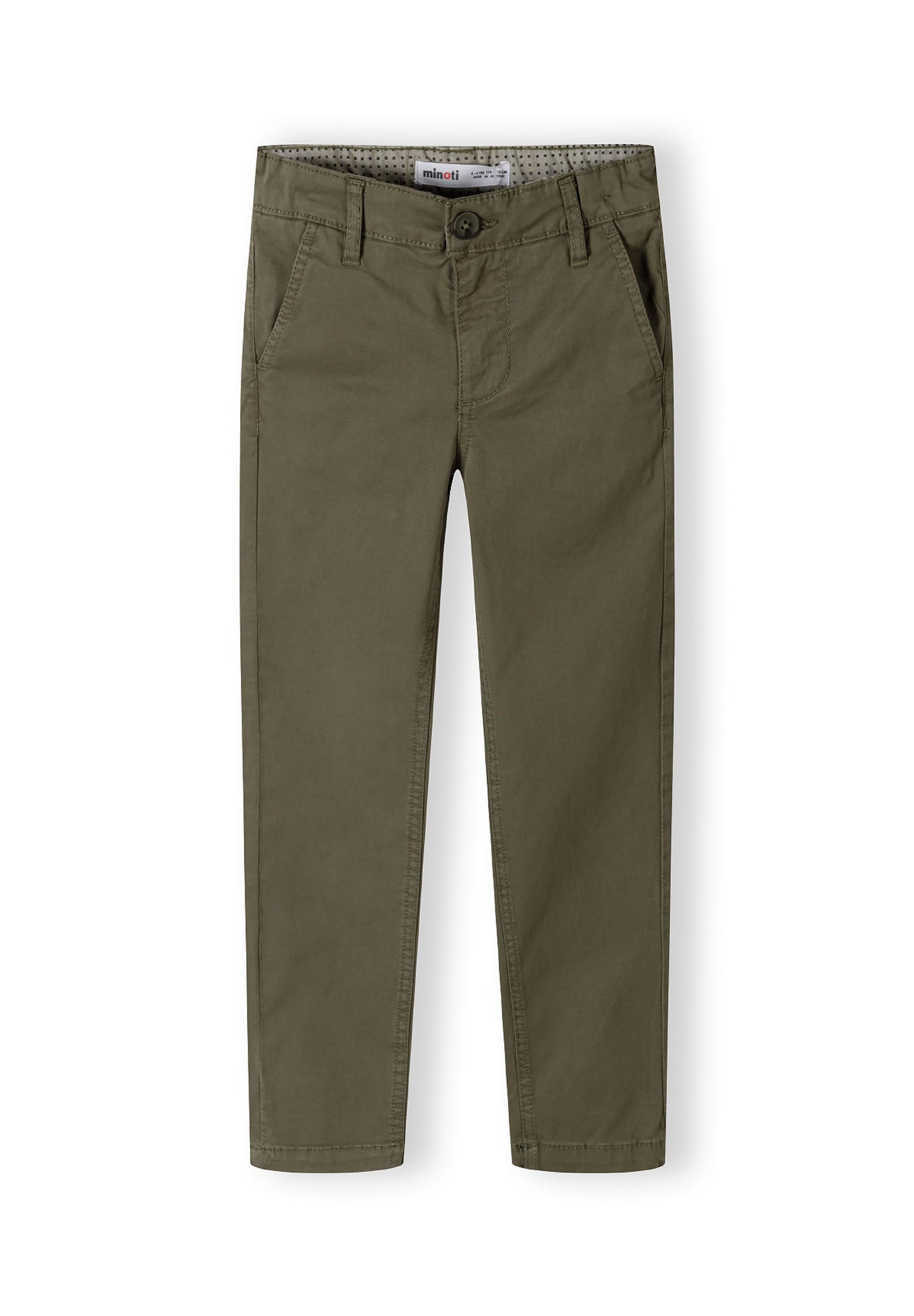 Boys khaki chino trousers, front view, featuring pockets and tailored fit.