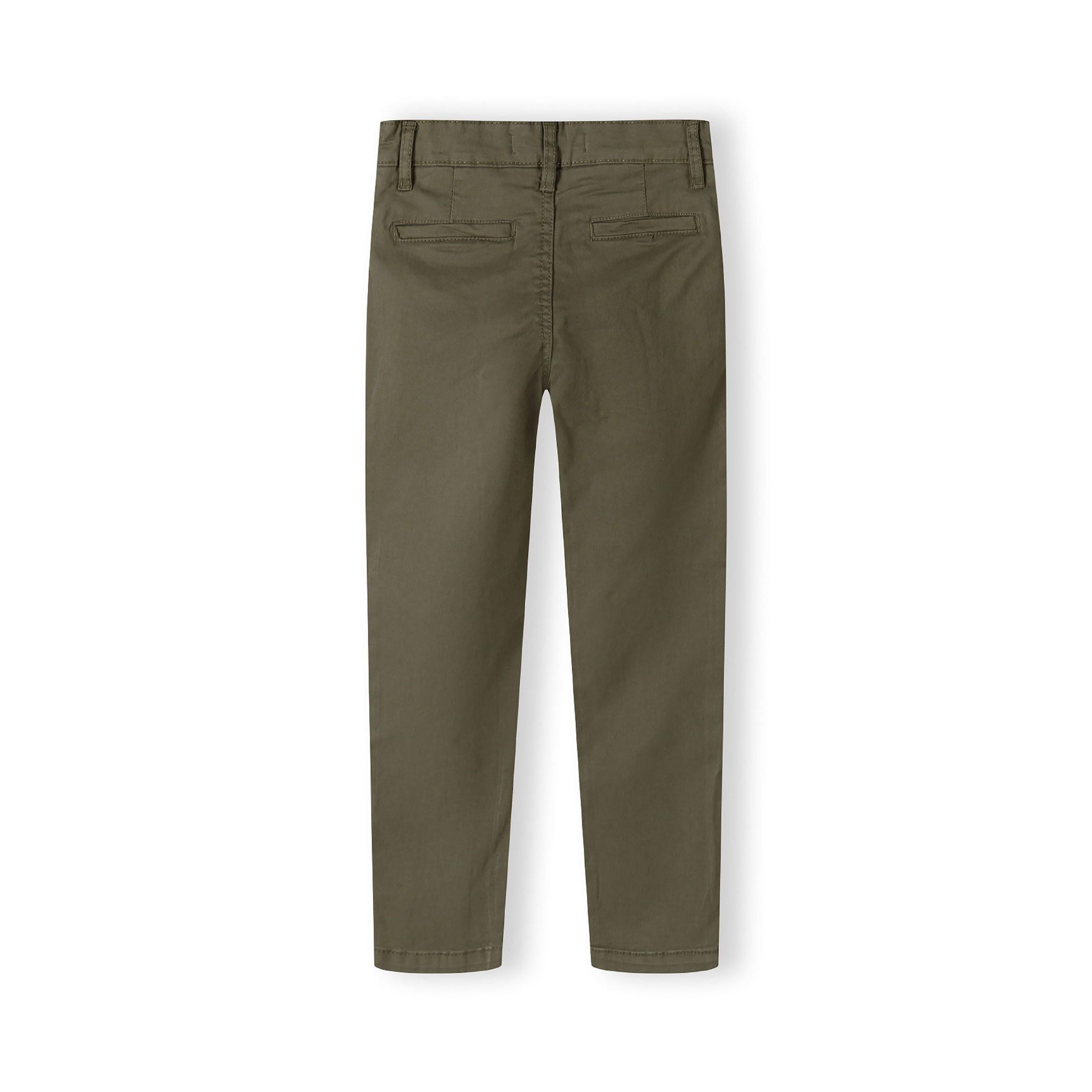 Back view of khaki chino trousers showing rear pockets and tailored fit on white background