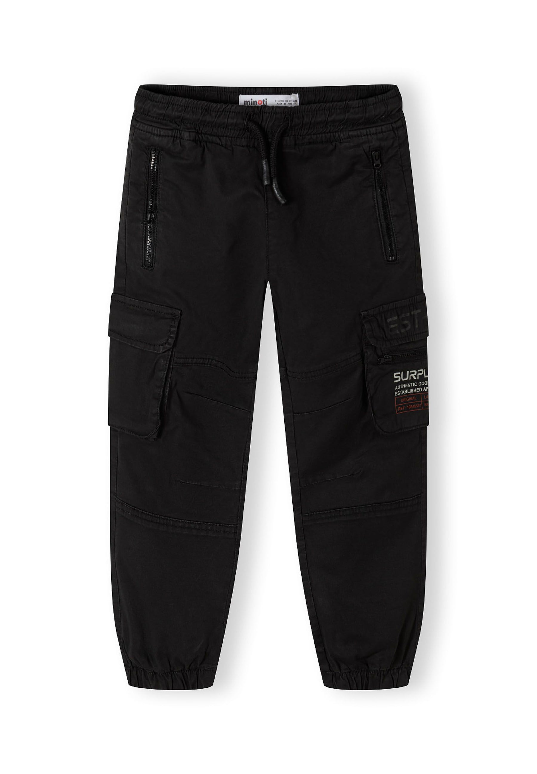 Boys cargo trousers in black, front view with zippered pockets and side cargo pocket.