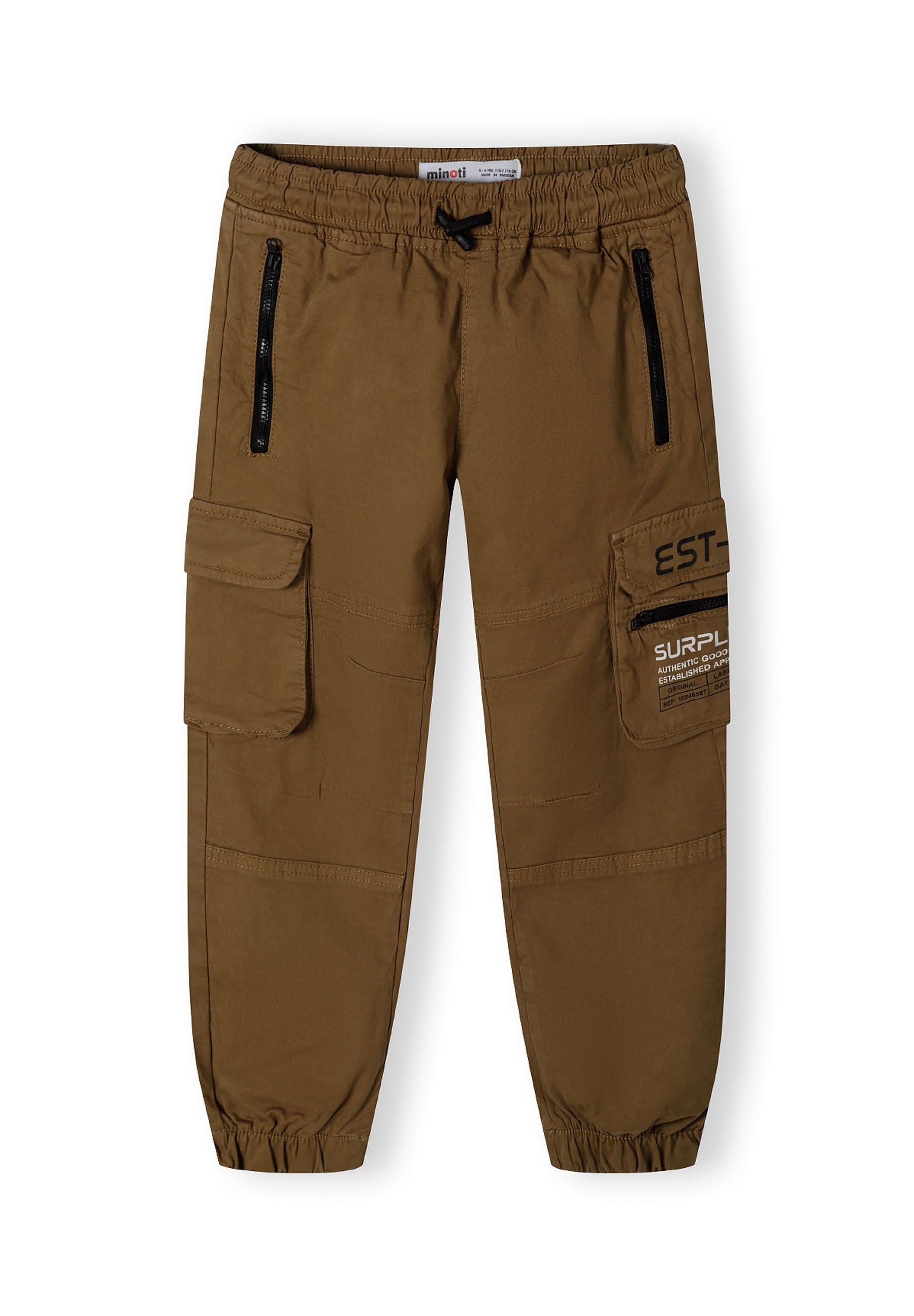 Boys cargo trousers in brown with zip pockets, front and side cargo pocket.