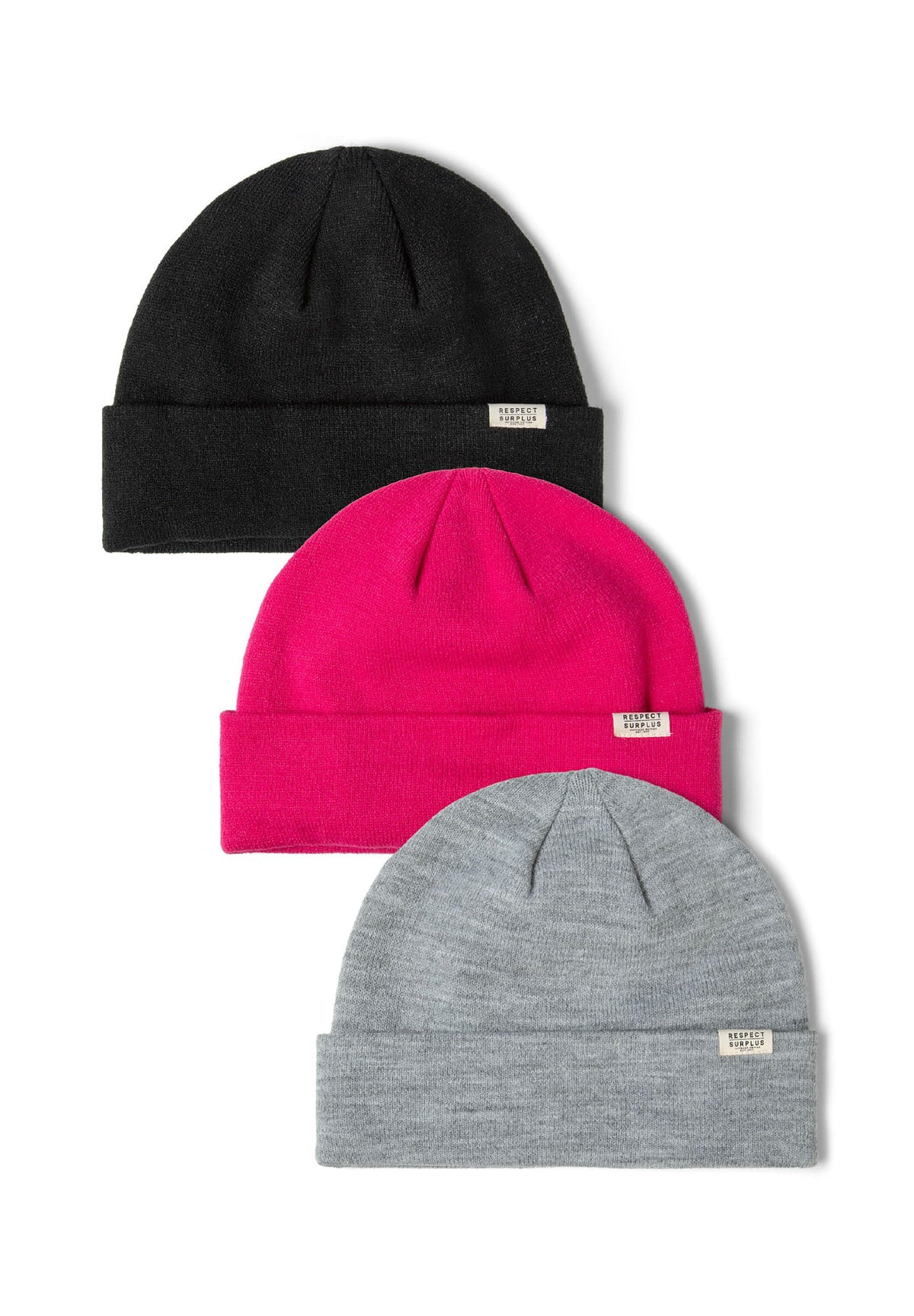 Black, pink and grey beanies, three hats.