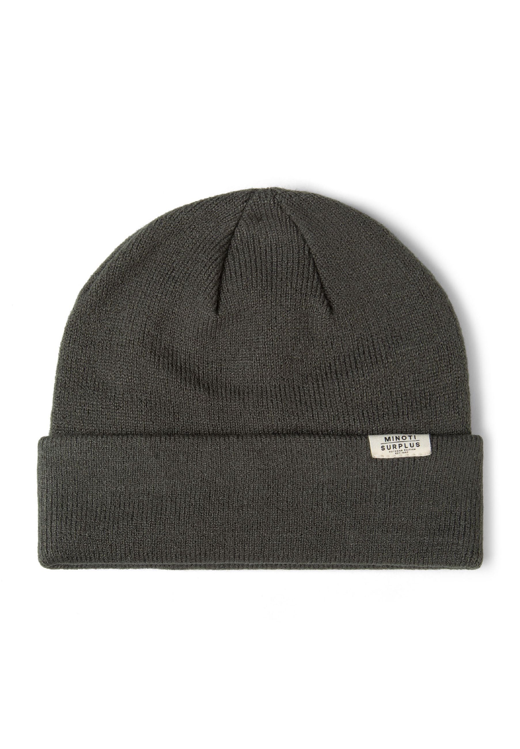 Close-up of a khaki ribbed knit beanie hat with a folded brim and a small badge.
