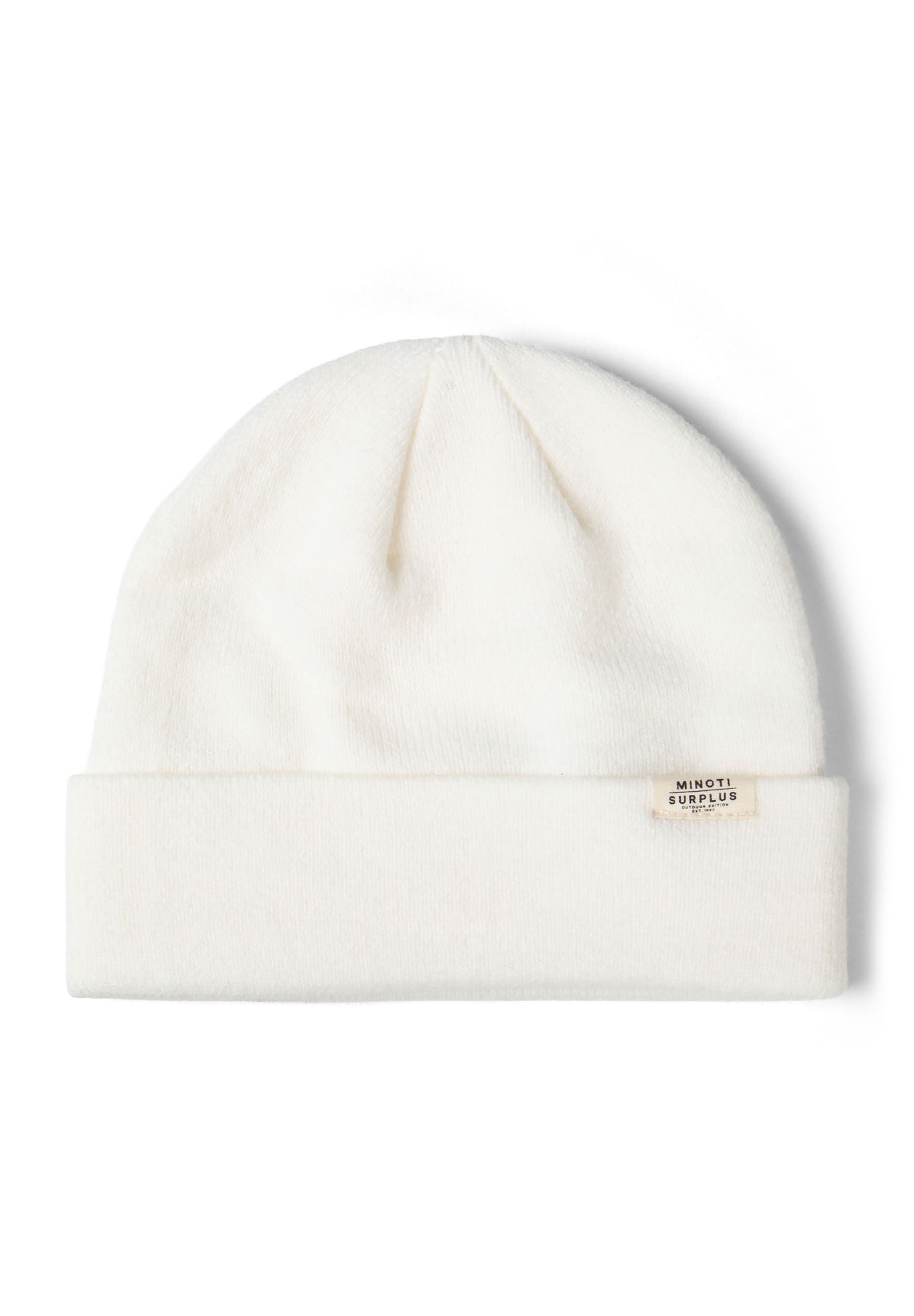Detail of a white ribbed beanie hat with a folded brim and a small logo badge.