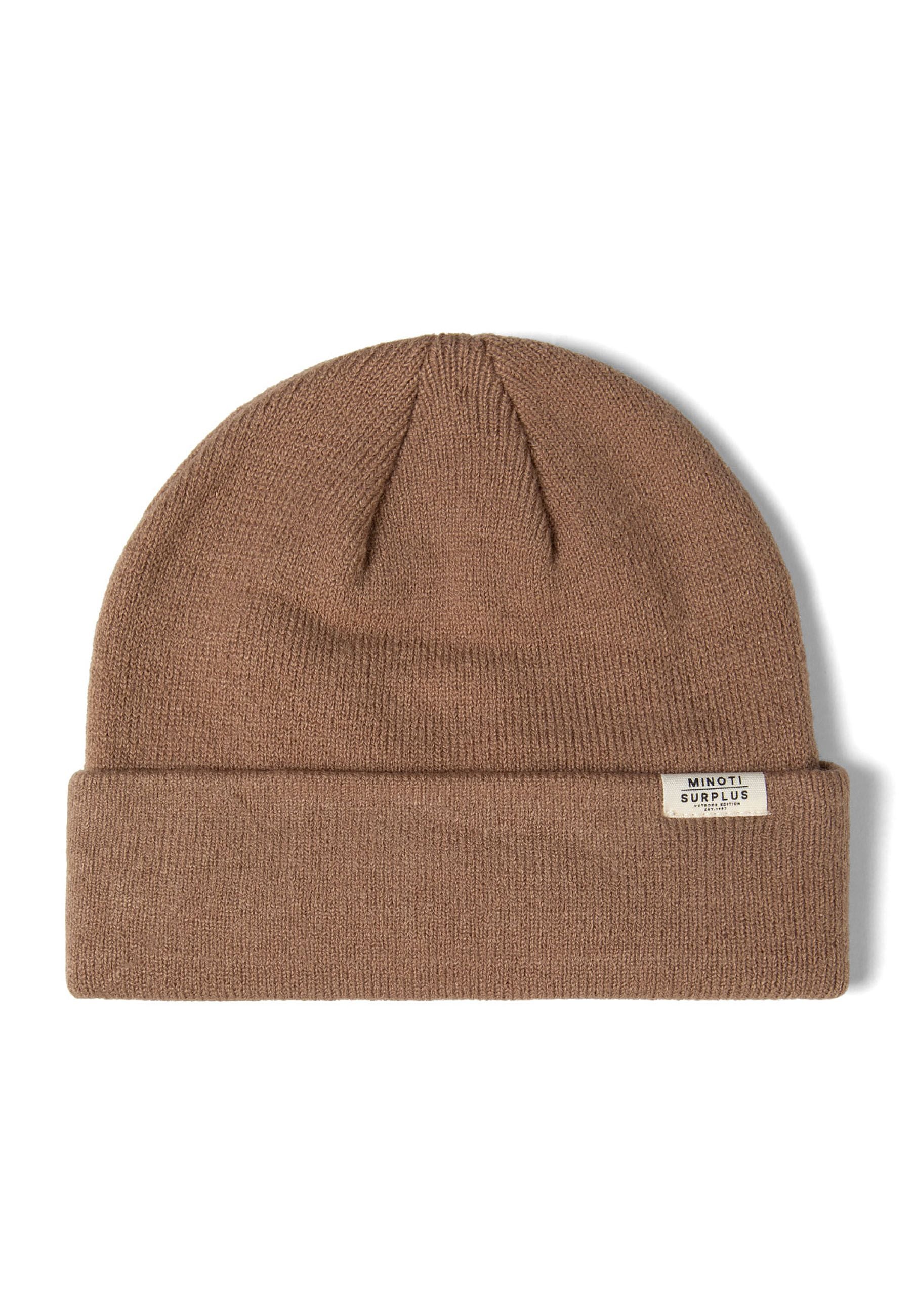 Detail of a ribbed beanie hat in brown with a fold-up cuff and a small logo badge.