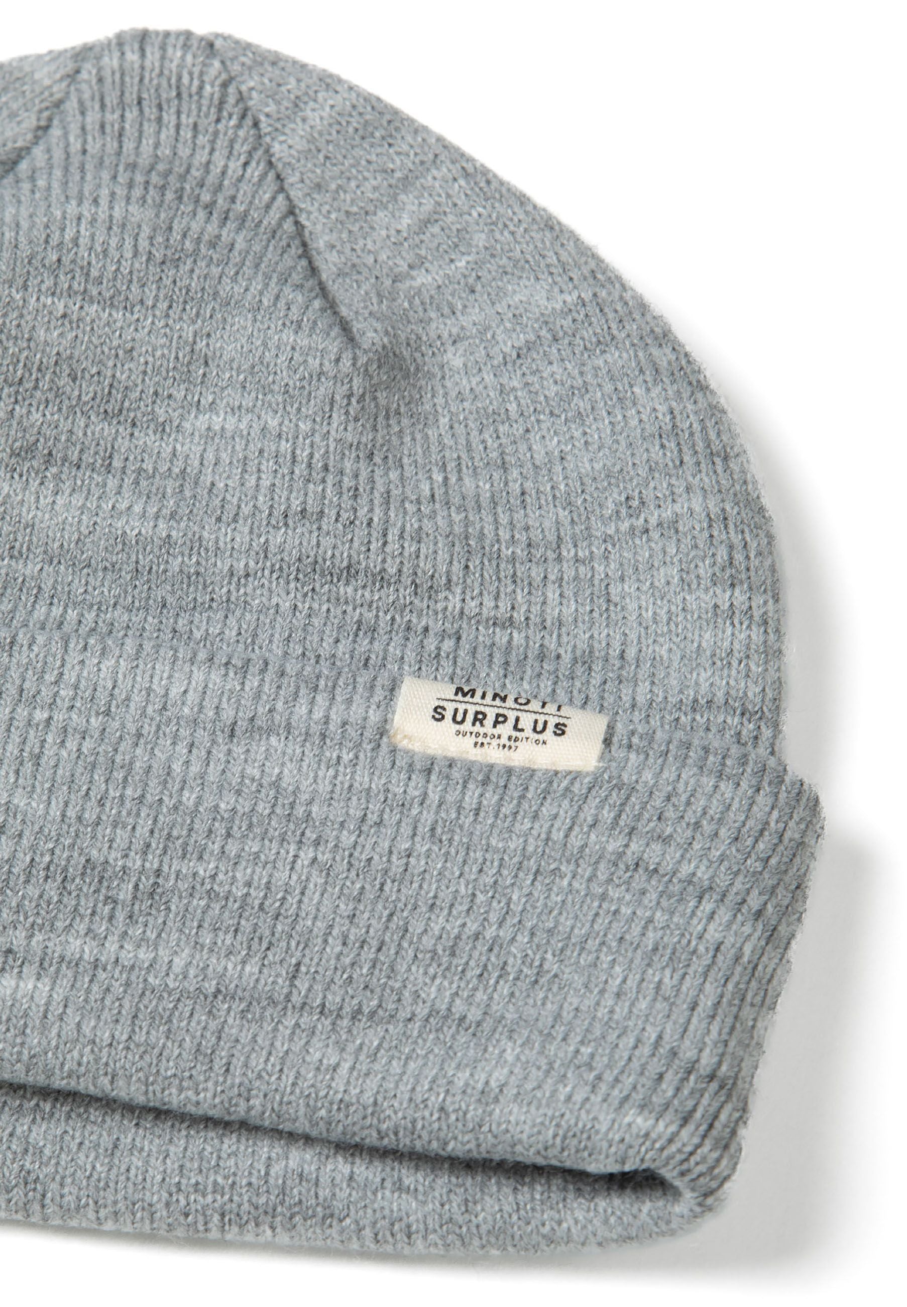 Detail of a grey ribbed beanie hat with a fold-up cuff and a small logo badge.
