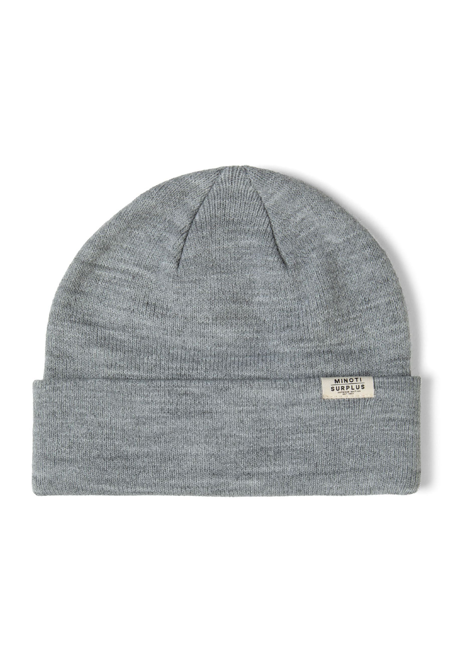 Close-up of a grey ribbed beanie hat with a fold-up cuff and a small badge detail.