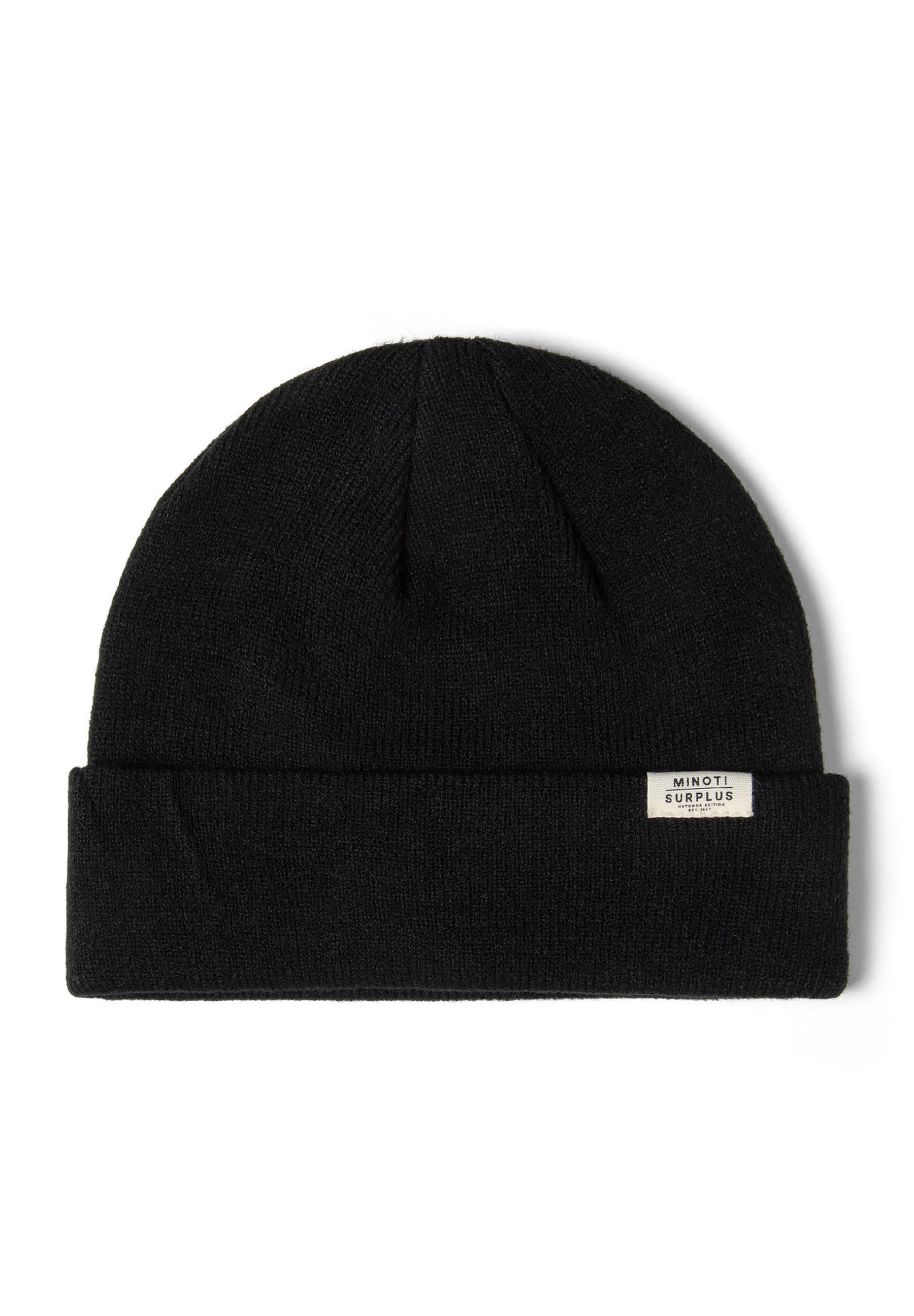 Close-up of a black ribbed beanie hat with a fold-up cuff and a small logo badge.