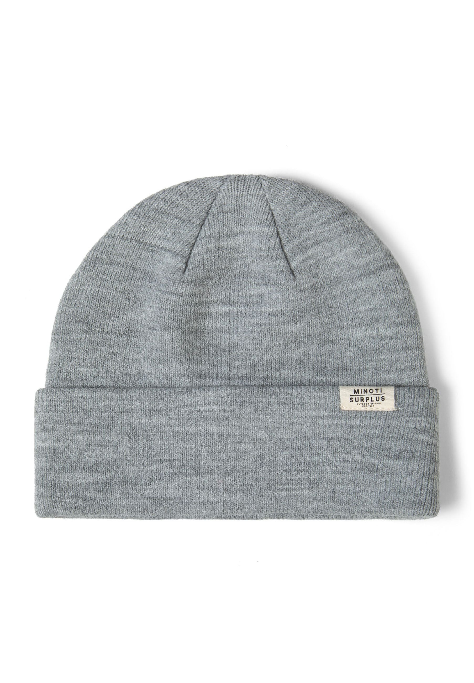Detail of a gray ribbed beanie hat with a fold-up cuff and logo badge.