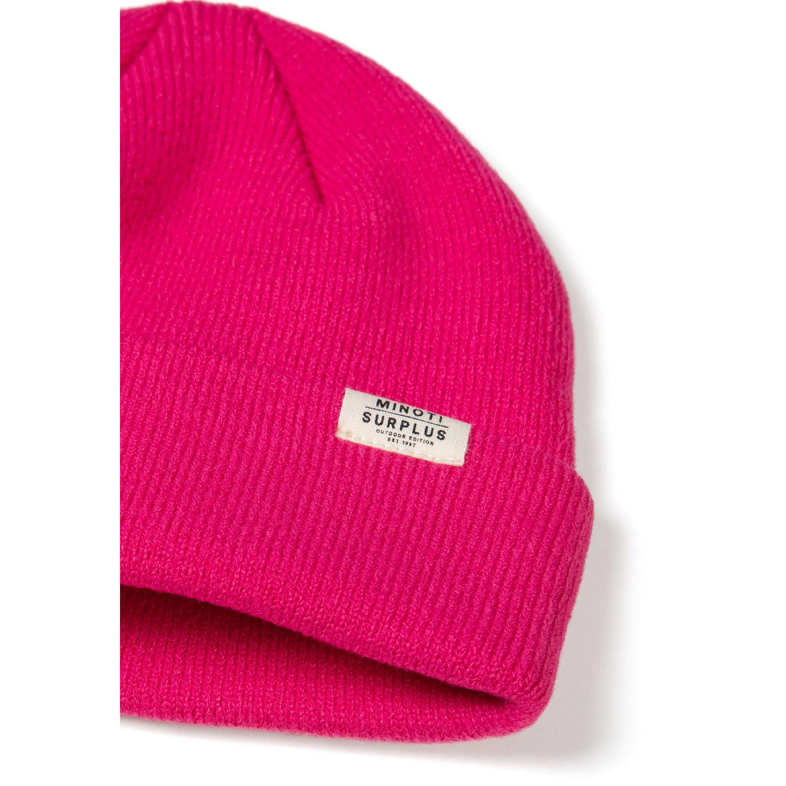 Close-up angled view of black ribbed beanie showing textured knit pattern and white Minoti surplus label on folded cuff