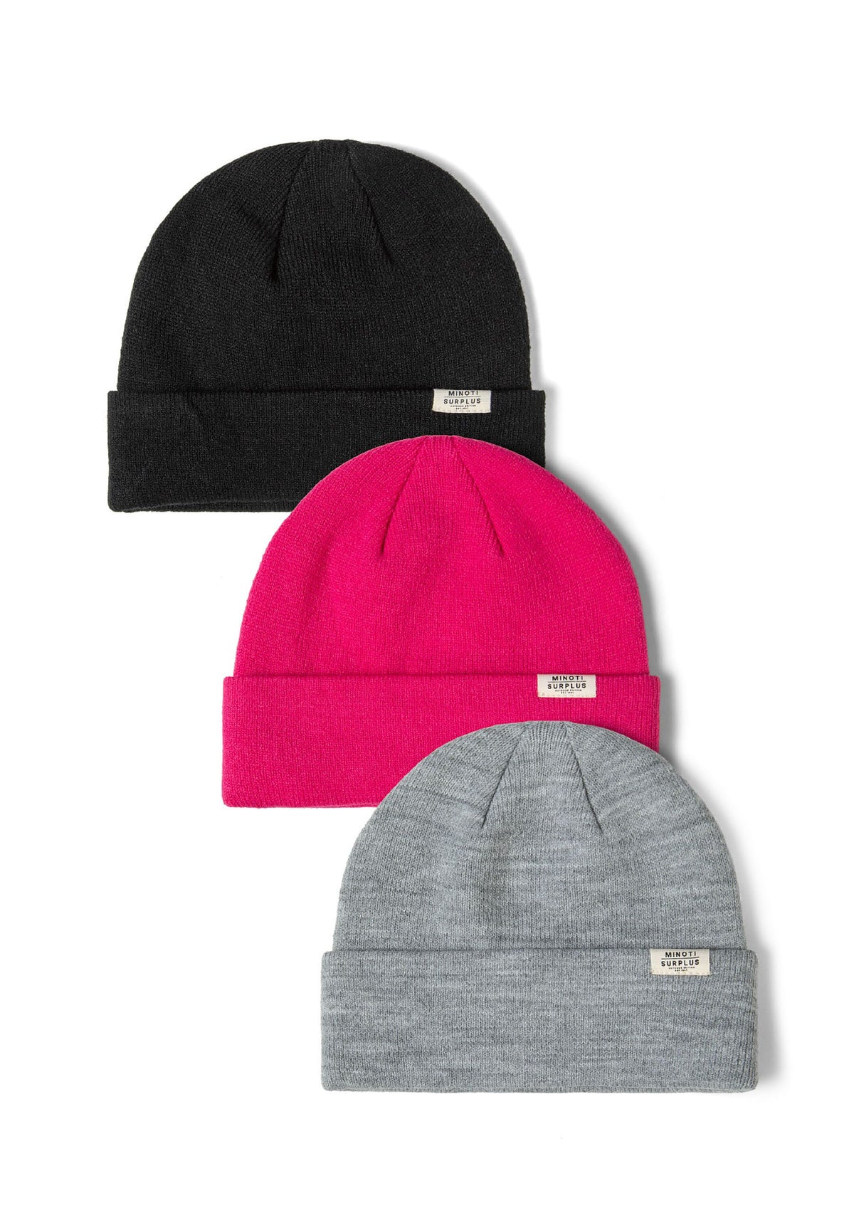 Black, pink and grey beanies, three hats.