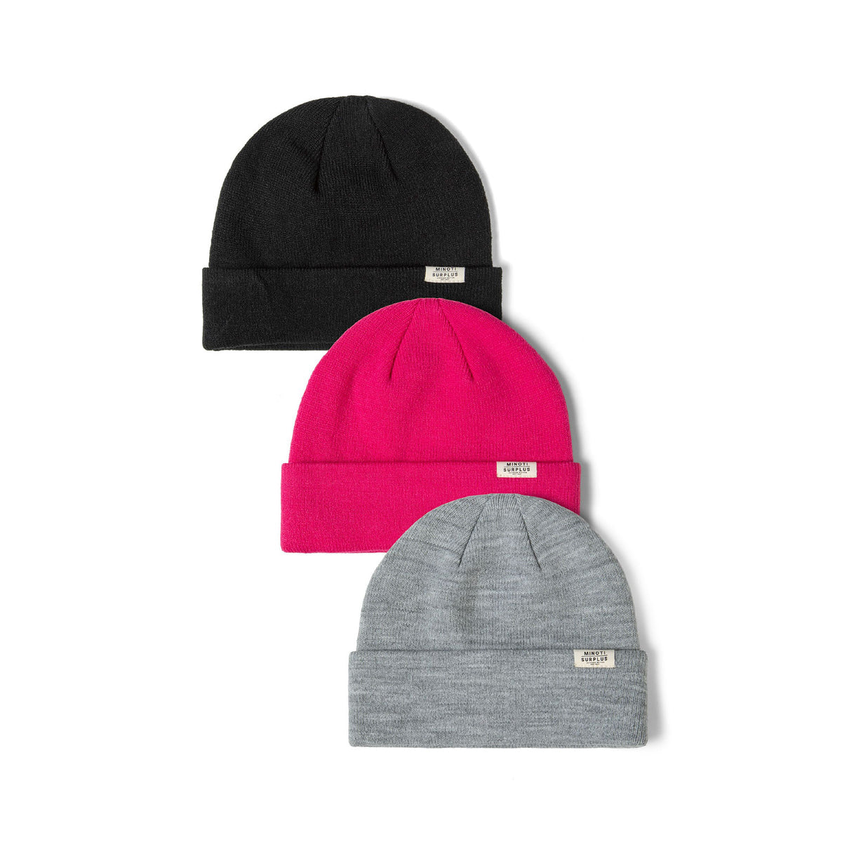 Kids' beanies 3-pack in black, pink and grey — complete product view for square Shop card