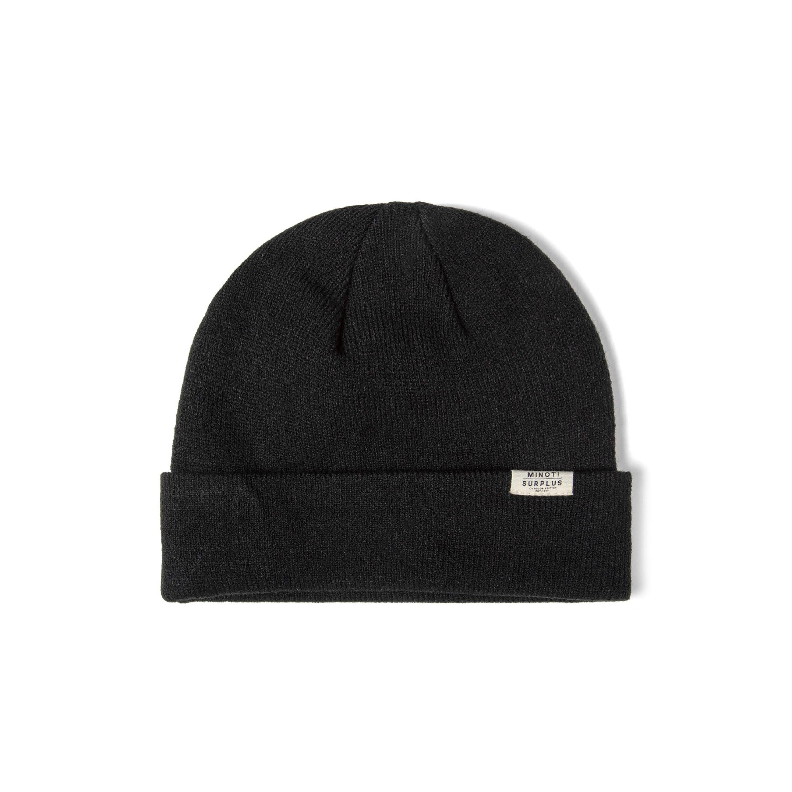 Single grey ribbed beanie hat with white Minoti surplus label on white background, showing folded cuff detail