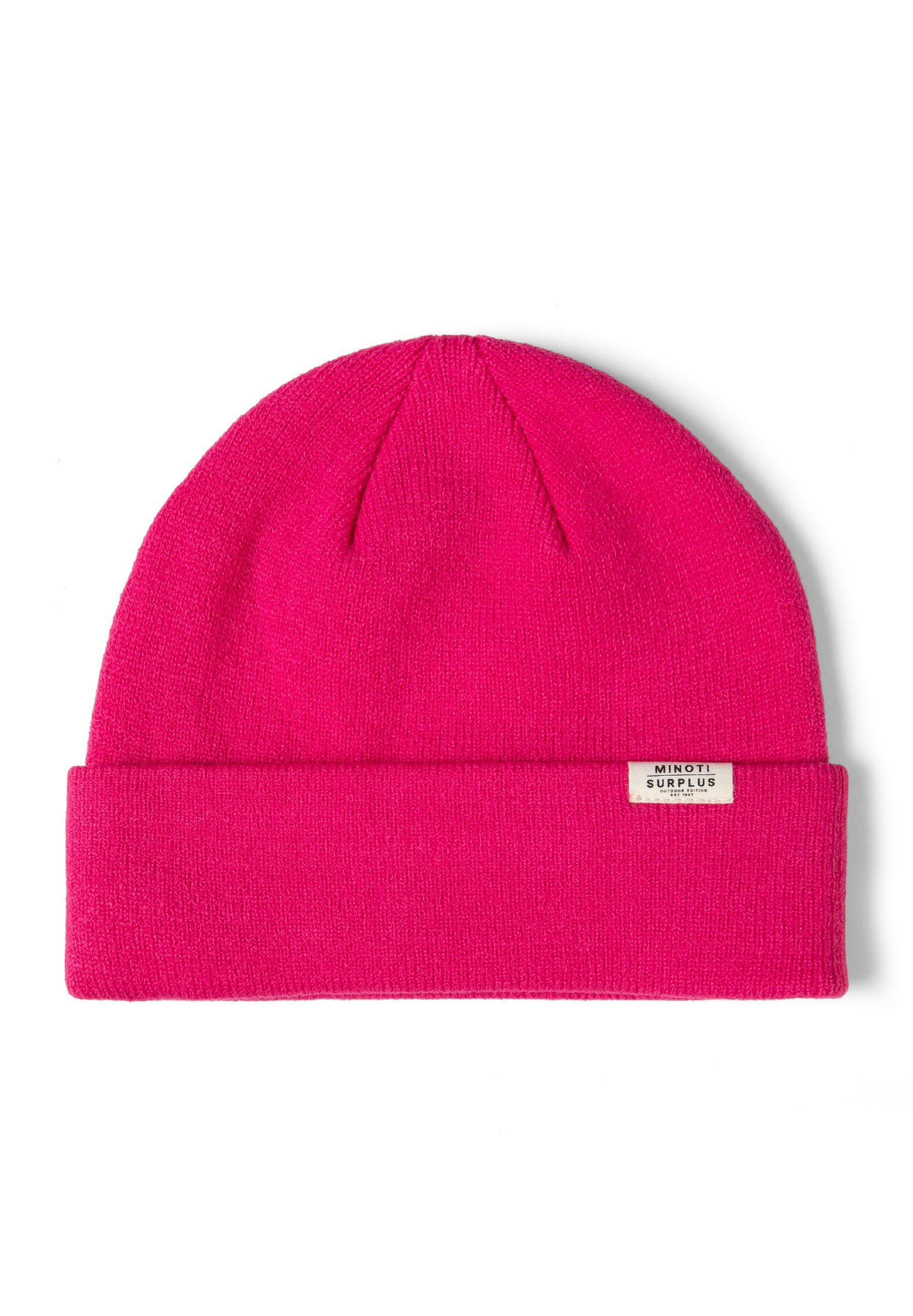 Detail of a pink ribbed beanie hat with a fold-up cuff and logo badge.