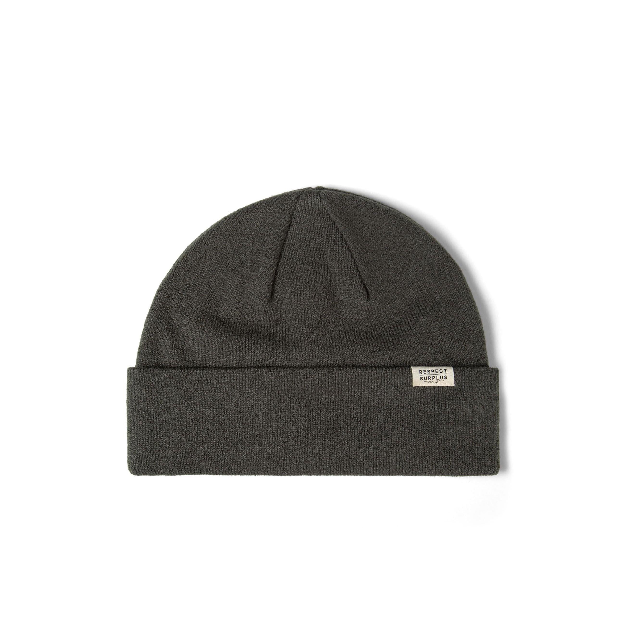Single grey ribbed knit beanie with folded cuff and small rectangular white brand label, photographed flat against white background