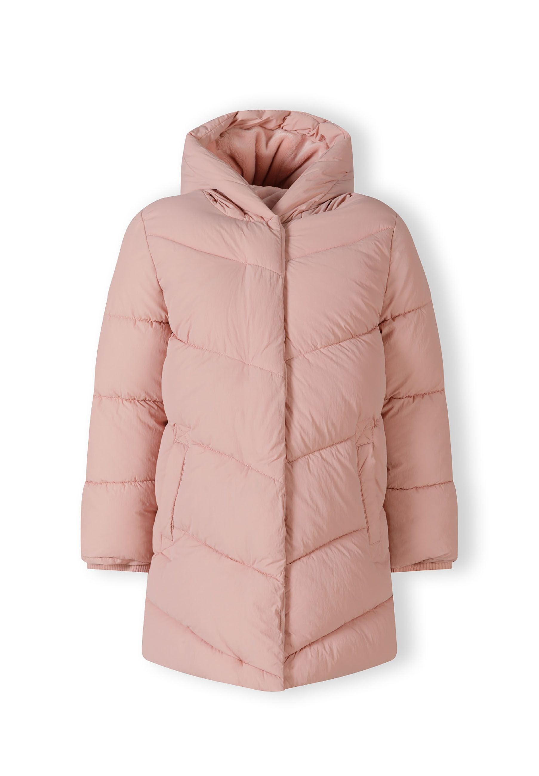 Girls long pink quilted winter jacket with hood and side pockets, front view.