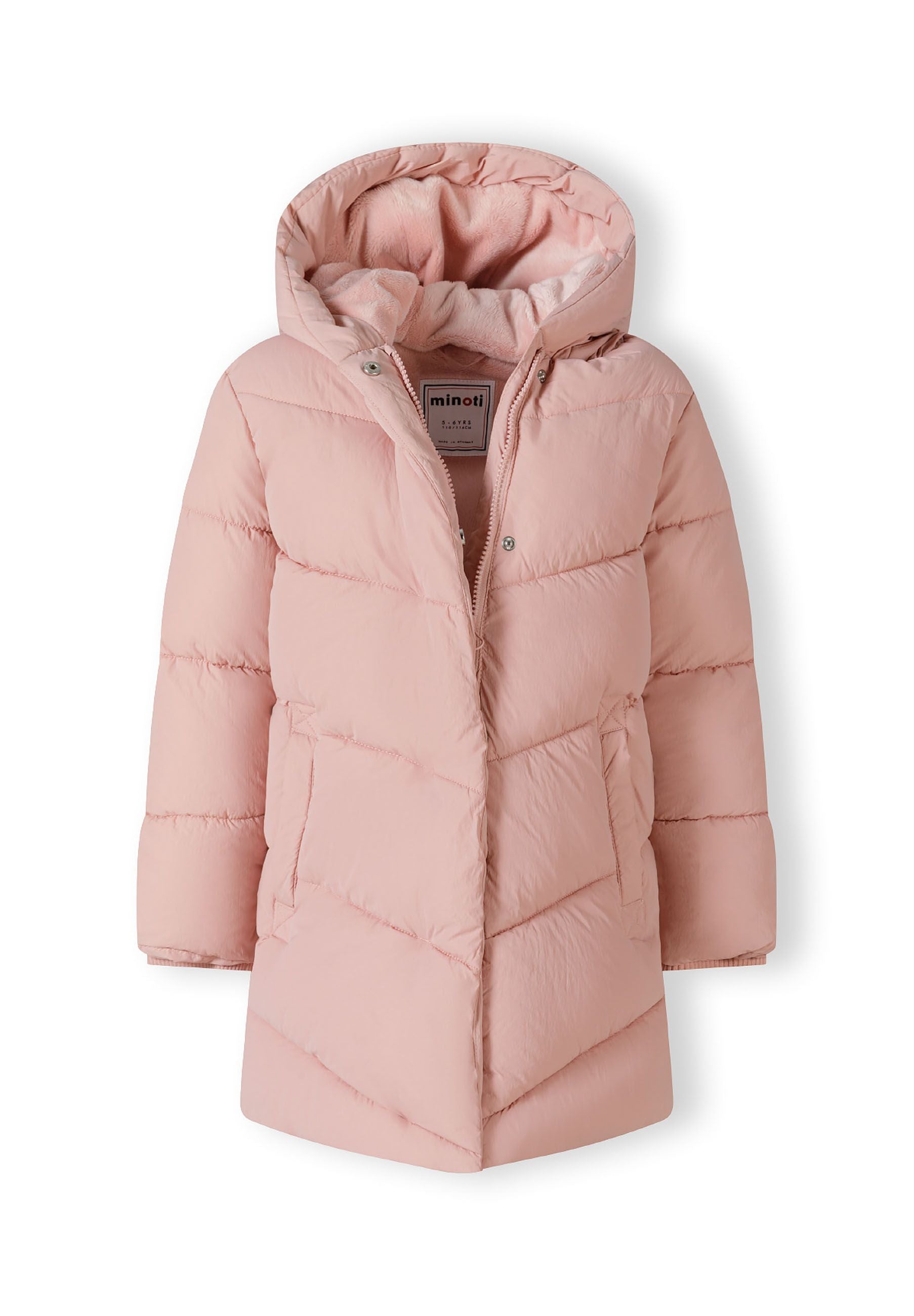 Girls long pink quilted winter jacket with fixed hood and side pockets.
