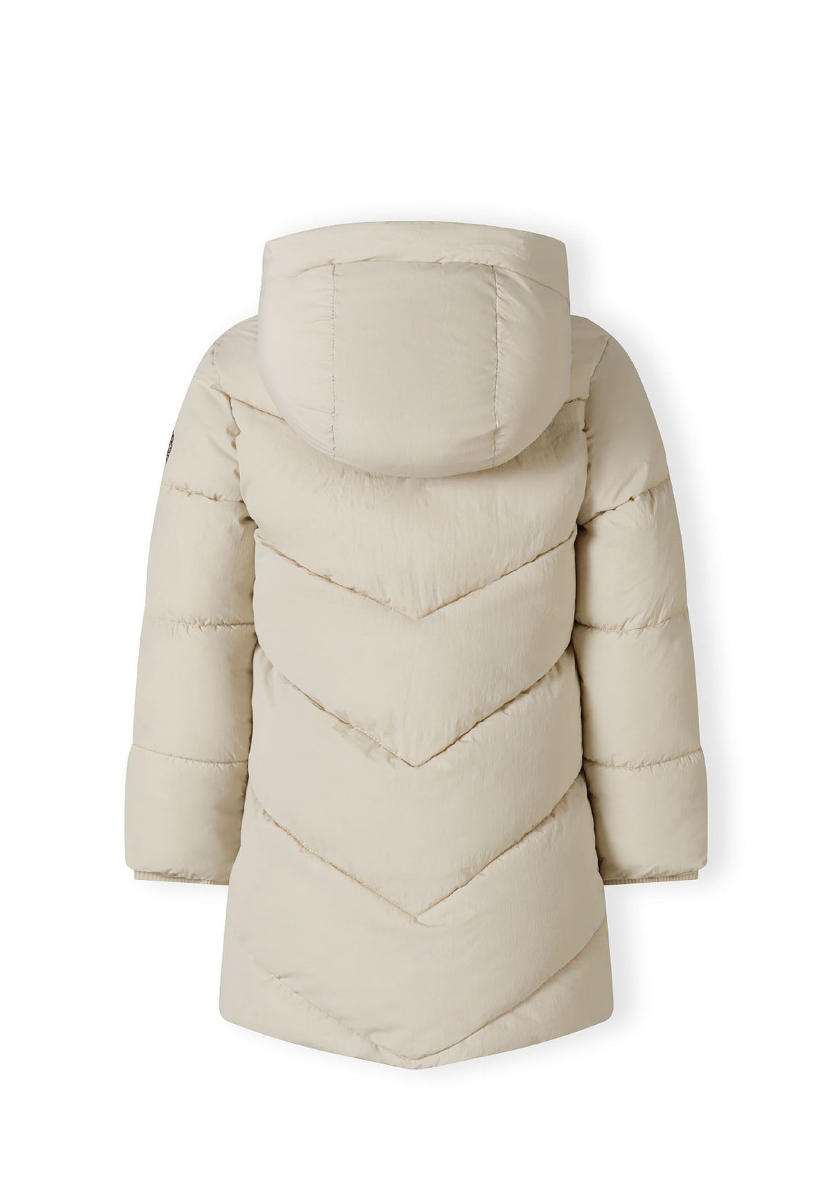 Back of a cream long puffer coat.