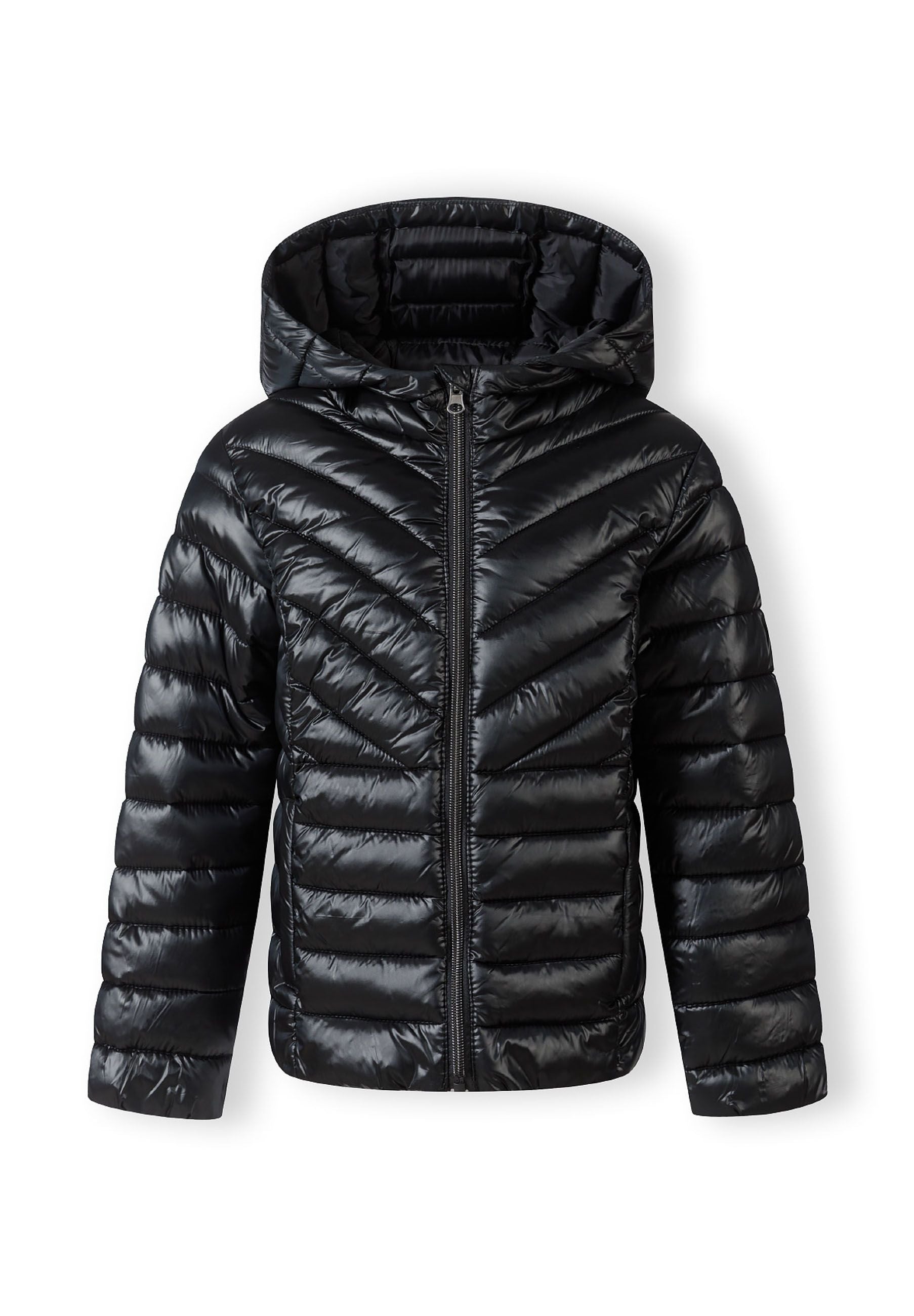 Girls quilted black hooded jacket, front view, features zip fastening and soft padding.