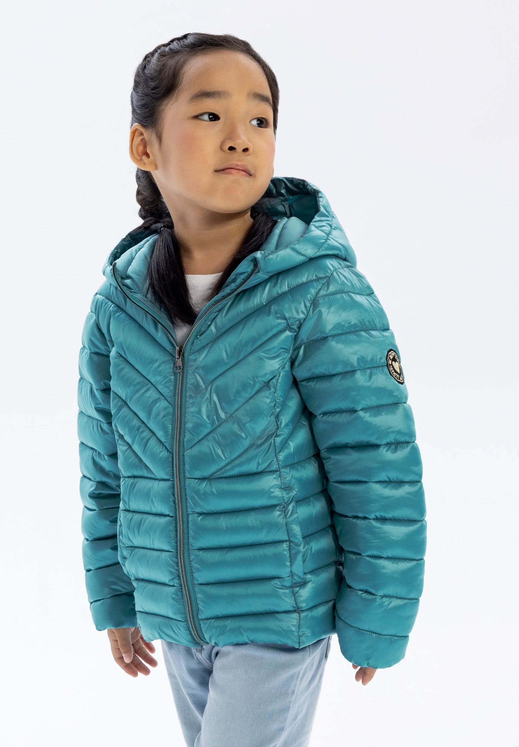 Girls quilted hooded jacket in turquoise, front view, features zip fastening and heart badge.