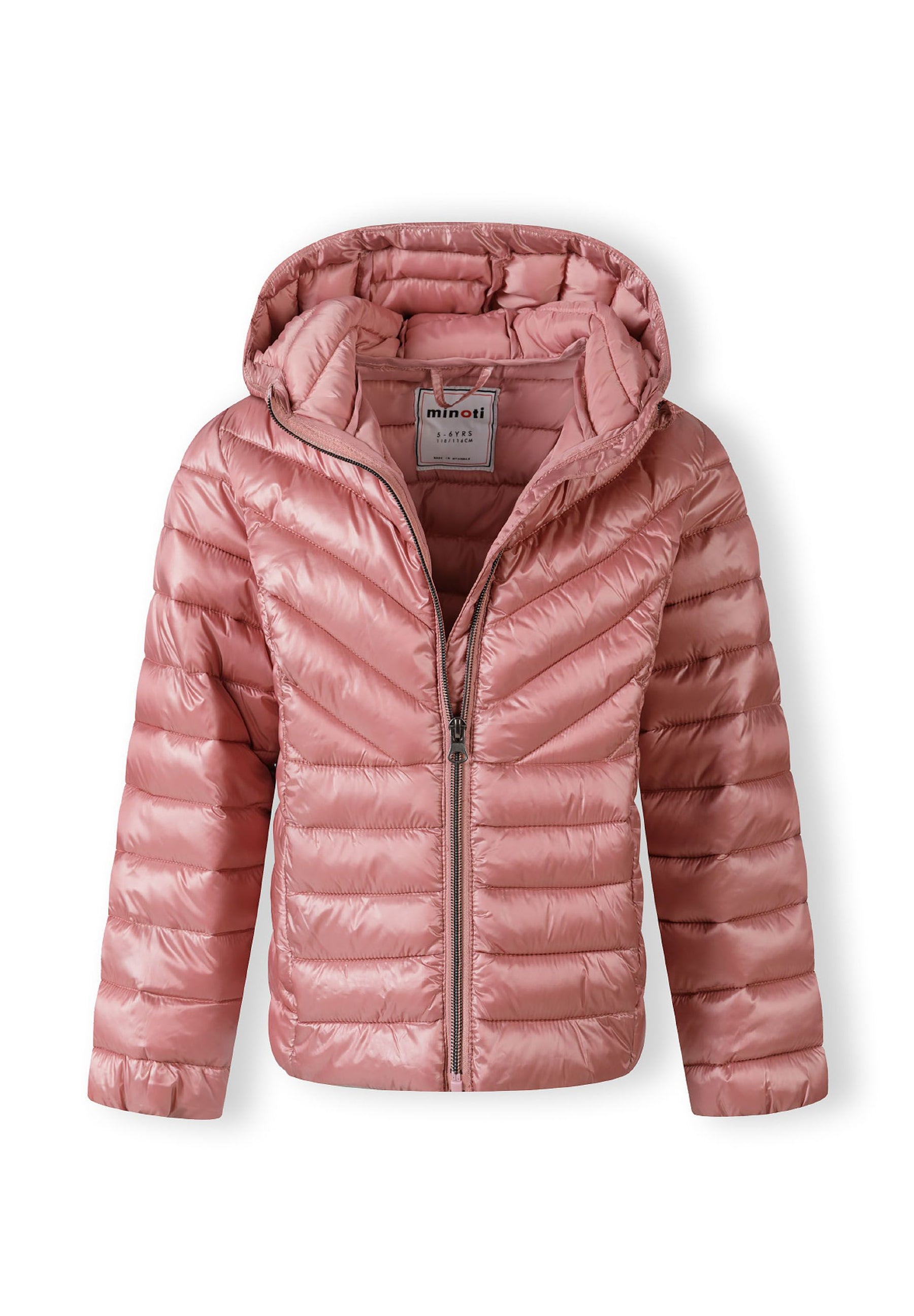 Girls quilted hooded jacket, front view, features zip fastening and two pockets.