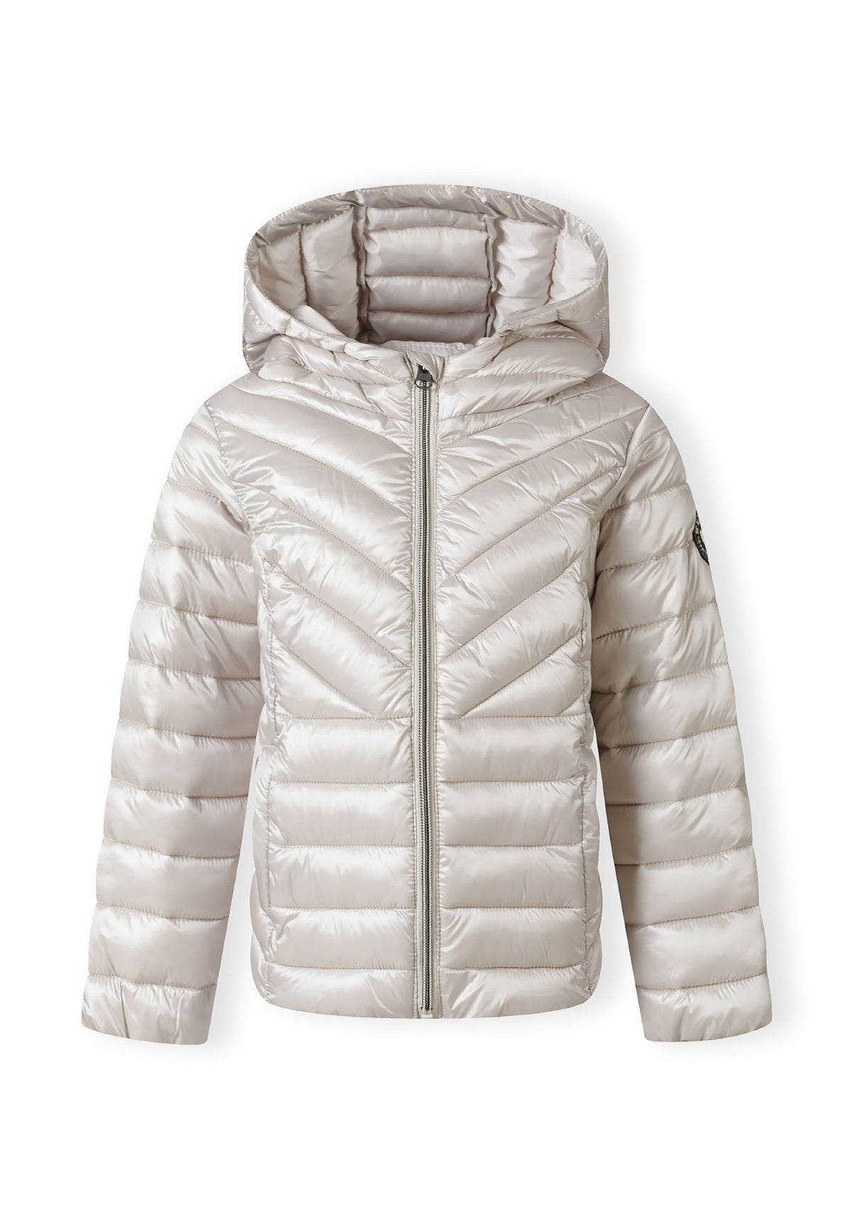 Front of a light grey puffer jacket.