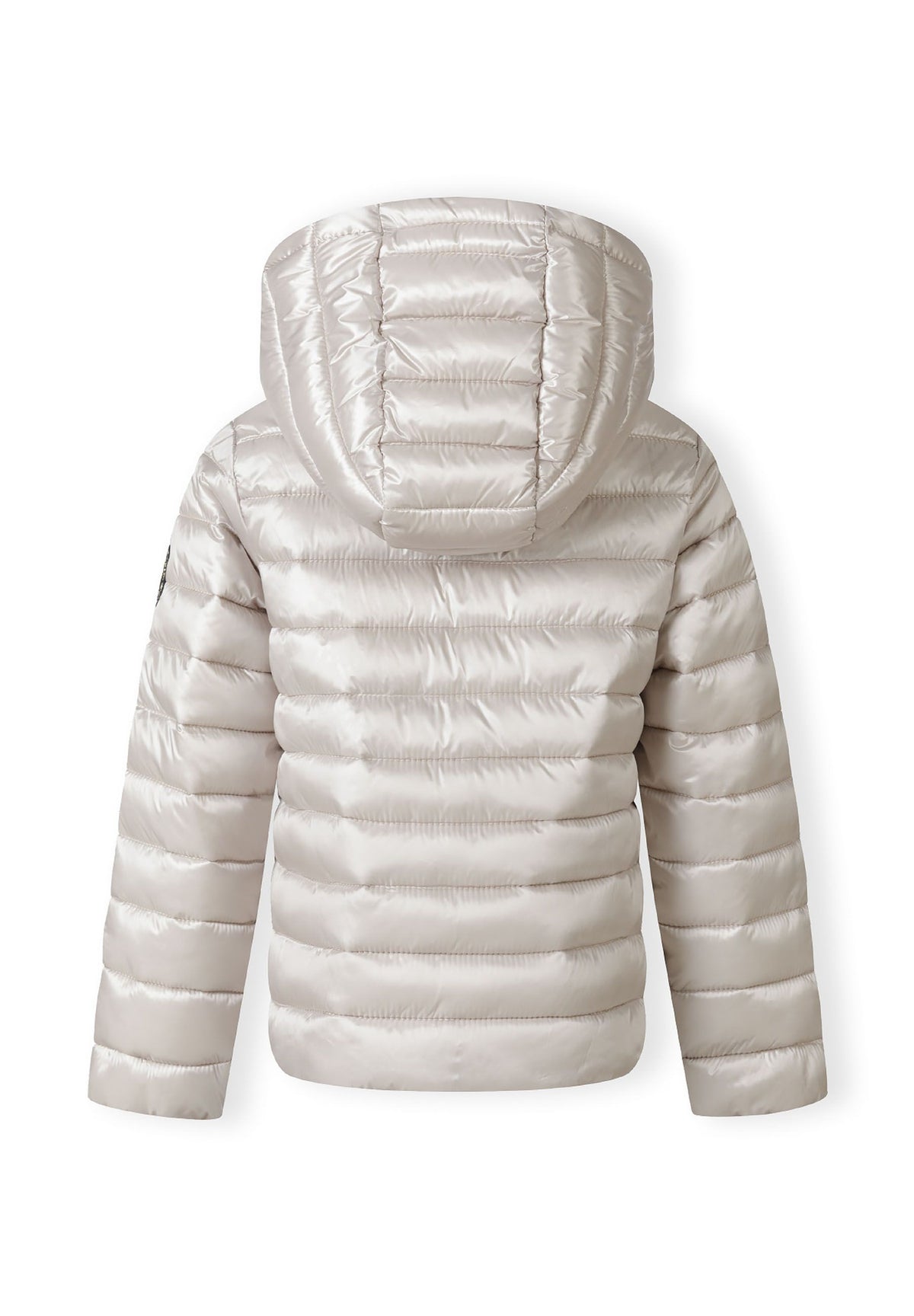 Back of a light grey puffer jacket.