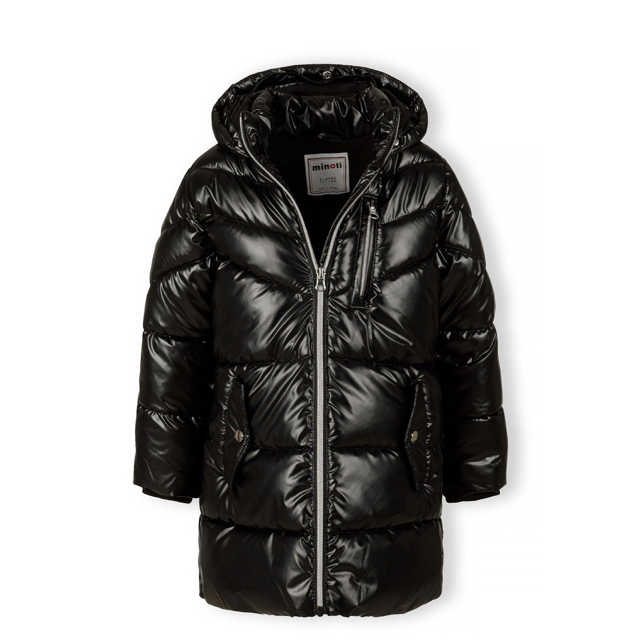 Black quilted winter parka laid flat showing front view with Minoti label visible, hood with faux fur trim and multiple pockets on white background