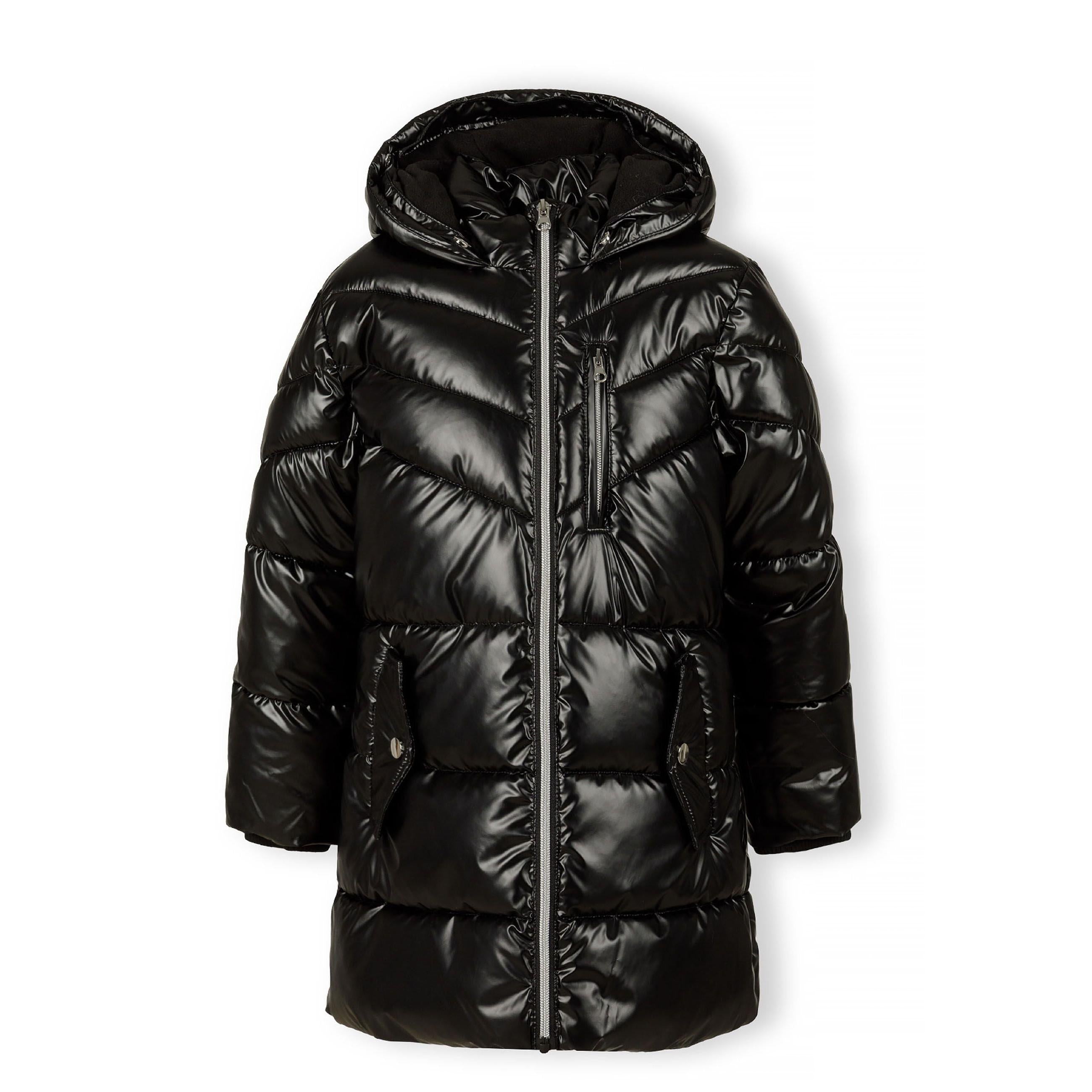 Close-up detail of black quilted parka showing chest pocket with snap closure and quilted texture against white background