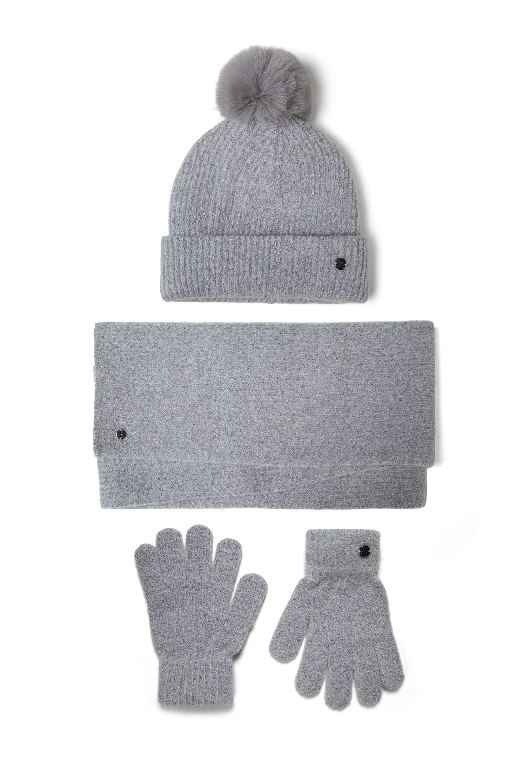 Girls 3-piece winter set including a ribbed knit hat with pompom, scarf, and gloves.