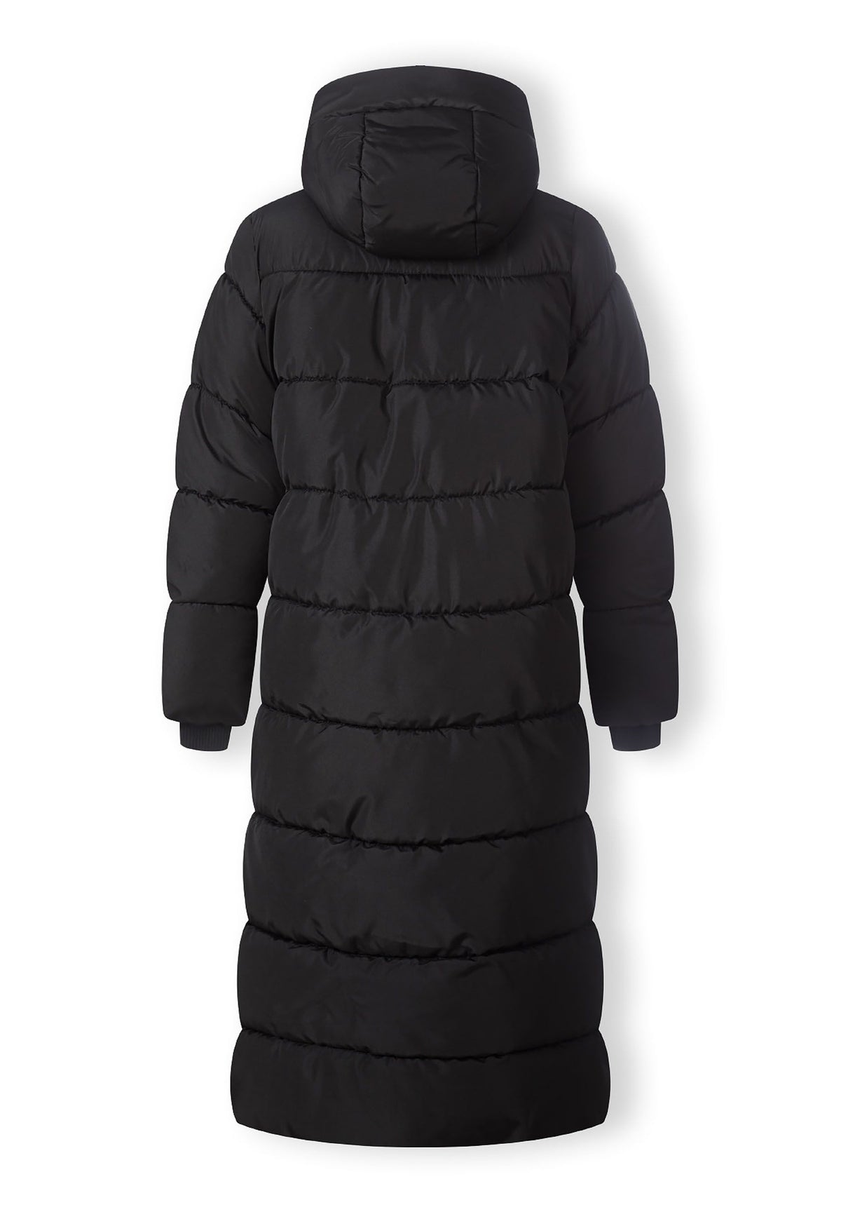 Back of a black long puffer coat.