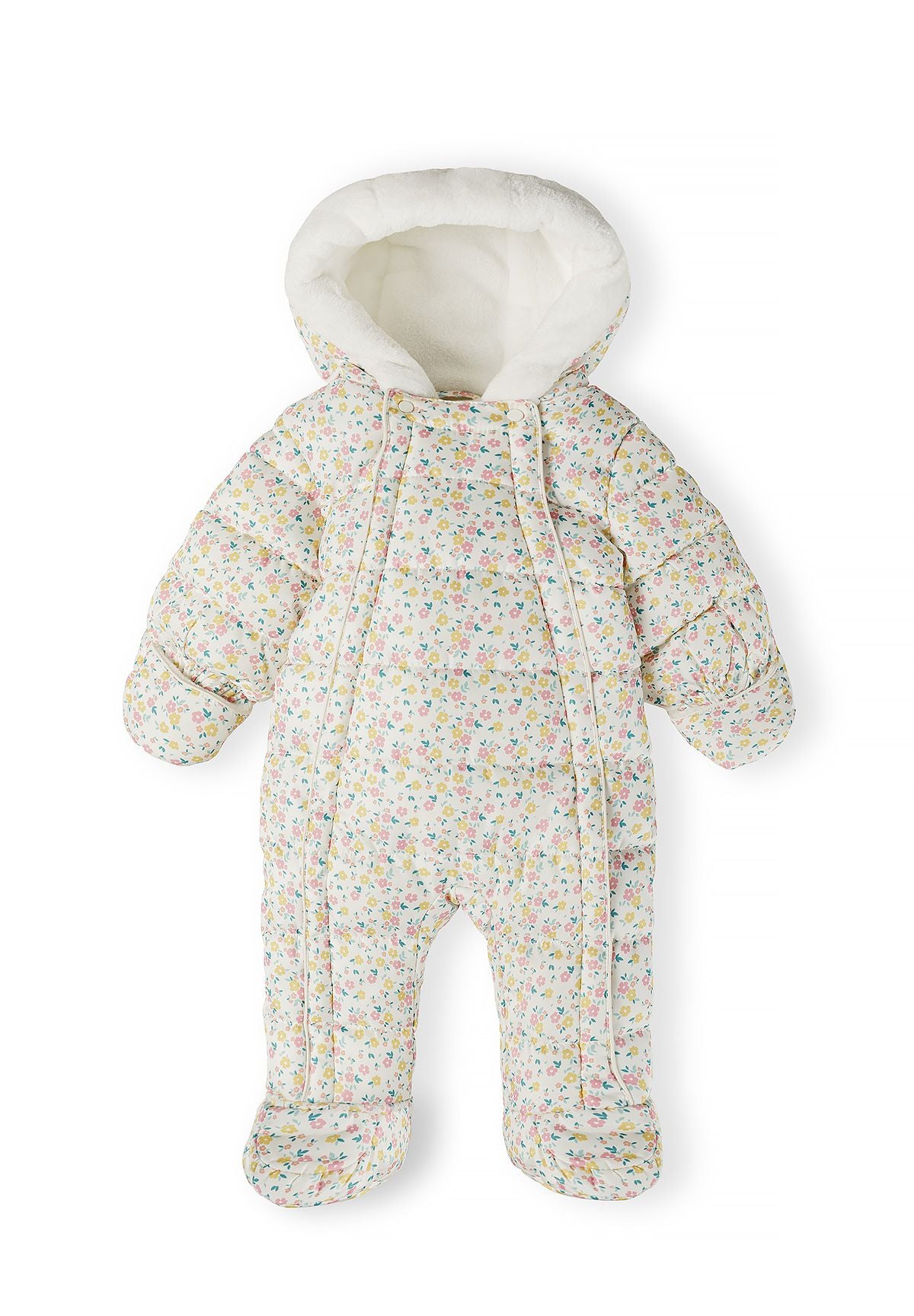 Girls baby snowsuit in cream with floral pattern, front view, features a hood and double zip.