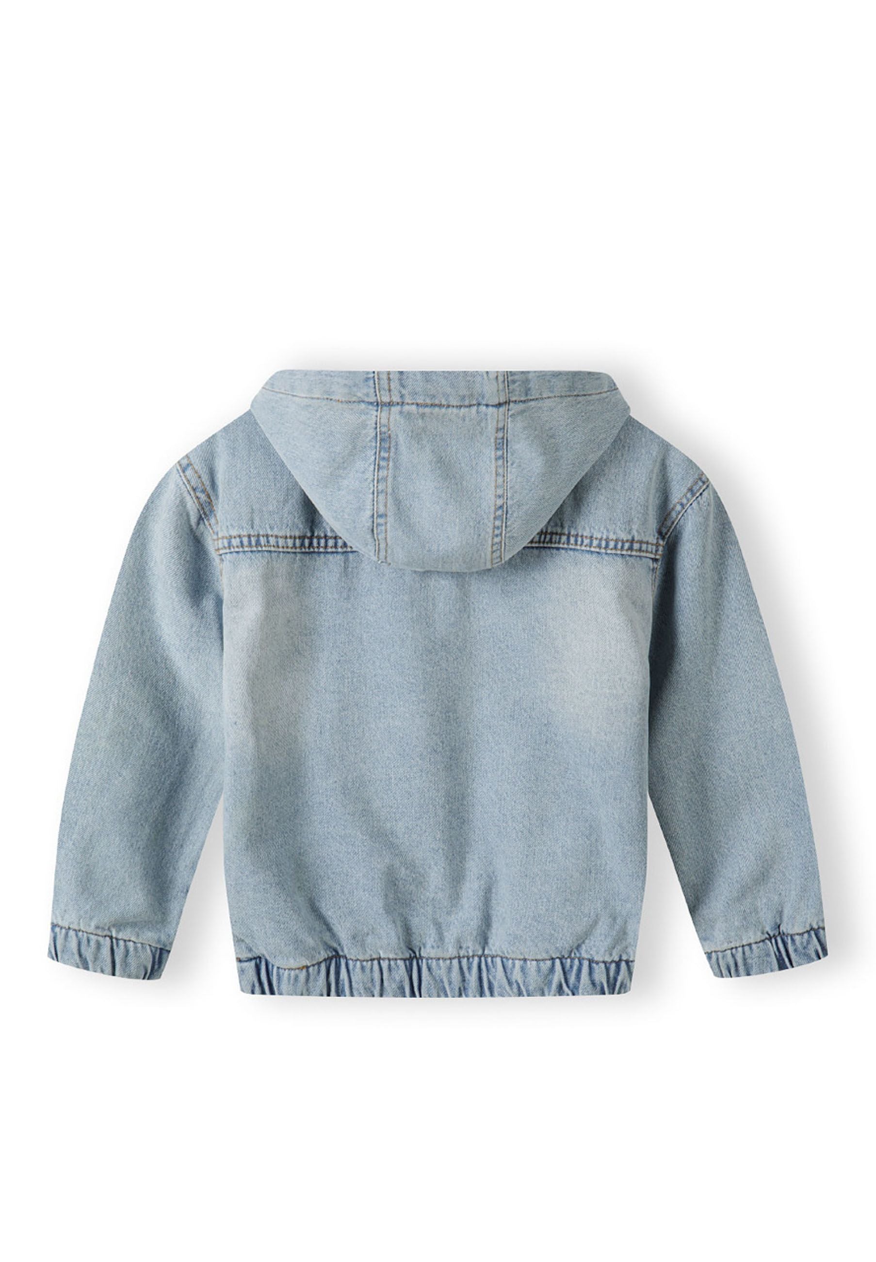 Boys light blue denim jacket with hood, back view, features ribbed hem and cuffs.