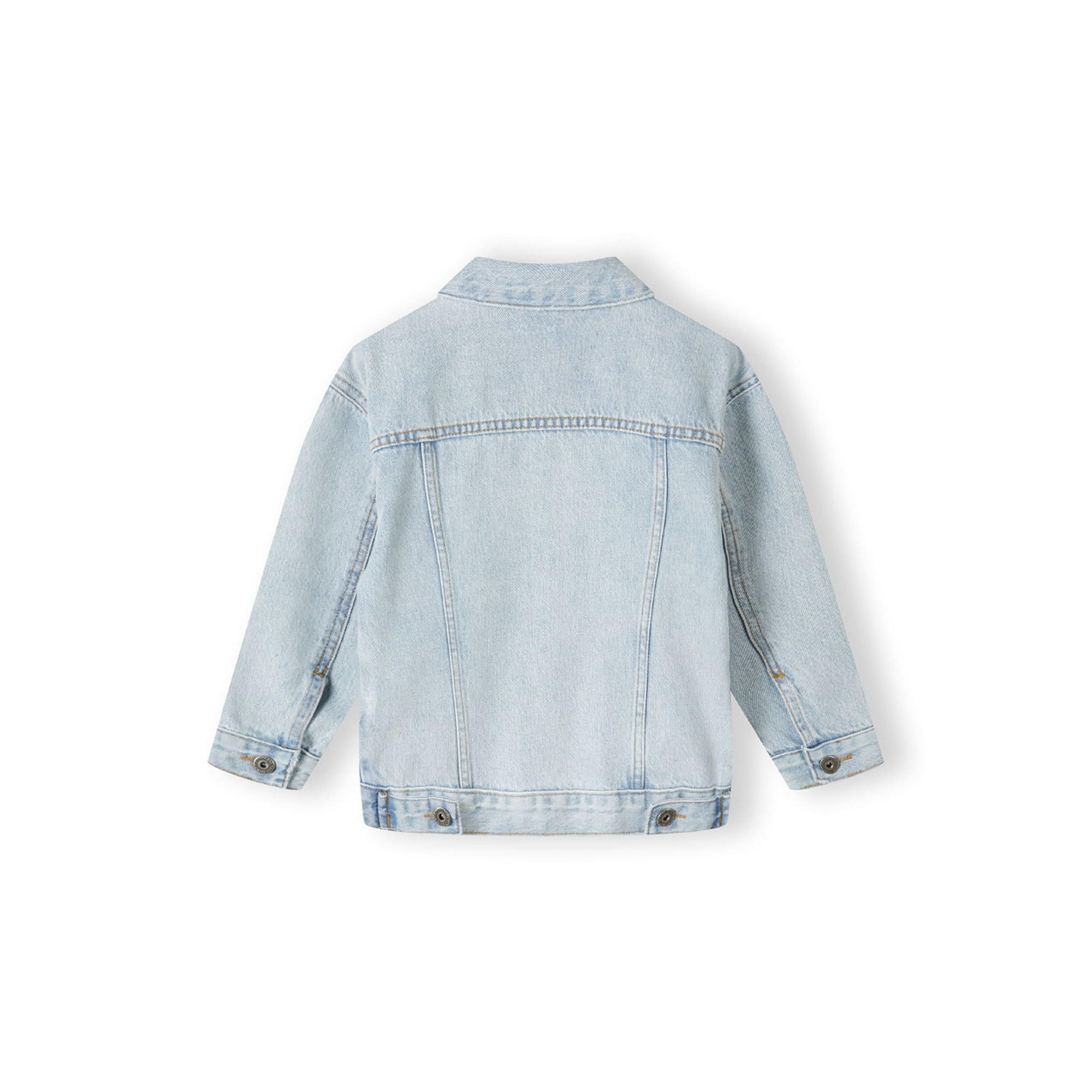 Light blue denim jacket laid flat showing back view with classic construction and seam details on white background