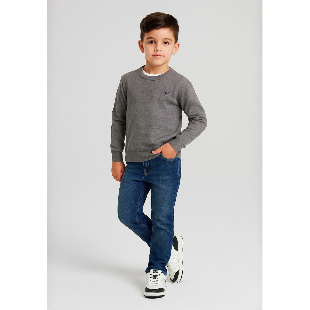 Boys' fine knit jumper in grey — complete product view for square Shop card