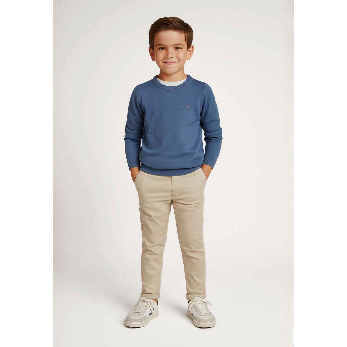 Boys' fine knit jumper in blue — complete product view for square Shop card