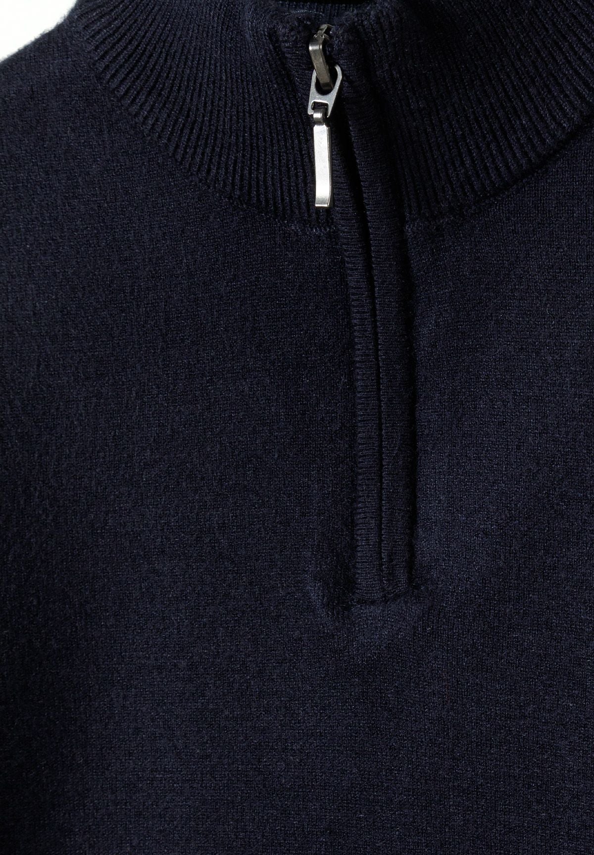 Close-up of navy jumper's ribbed stand collar and short silver chest zipper.
