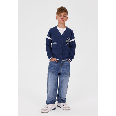 Kids' varsity cardigan in navy and cream — complete product view for square Shop card