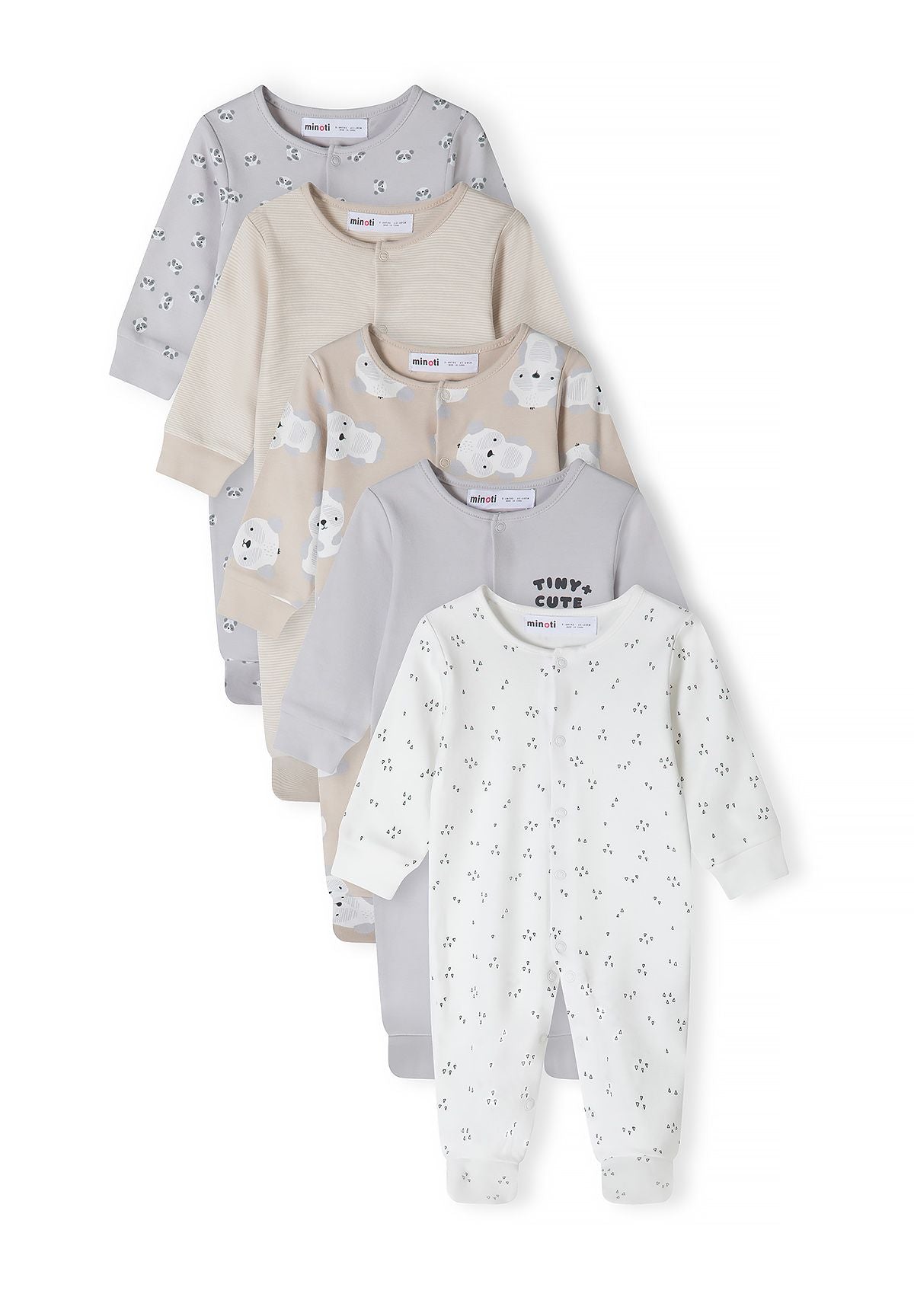 Baby sleepsuits, 5-pack with animal prints and a stripe – Minoti 31BABYPACK4