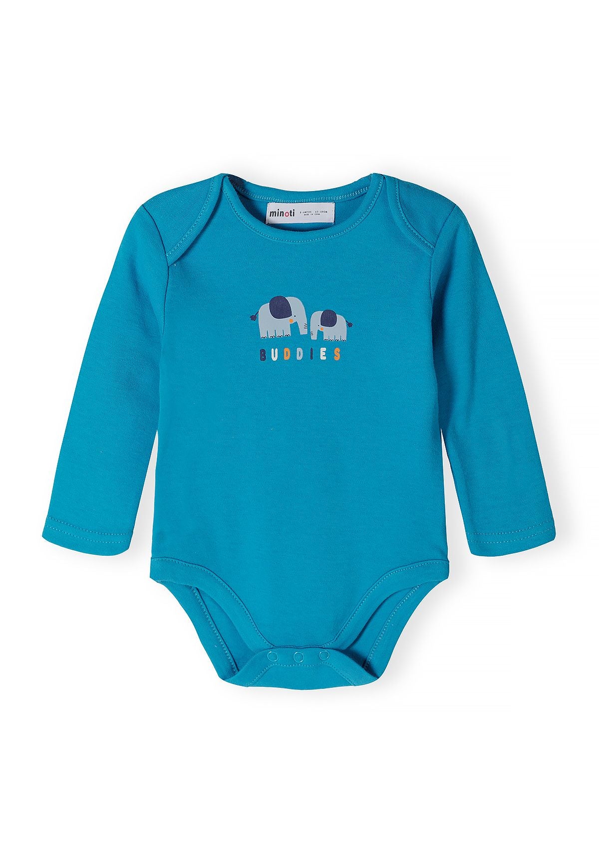 Babyblaue Langarmbodys mit Tiermuster (5er-Pack), türkisfarbener Body, Vorderseite.