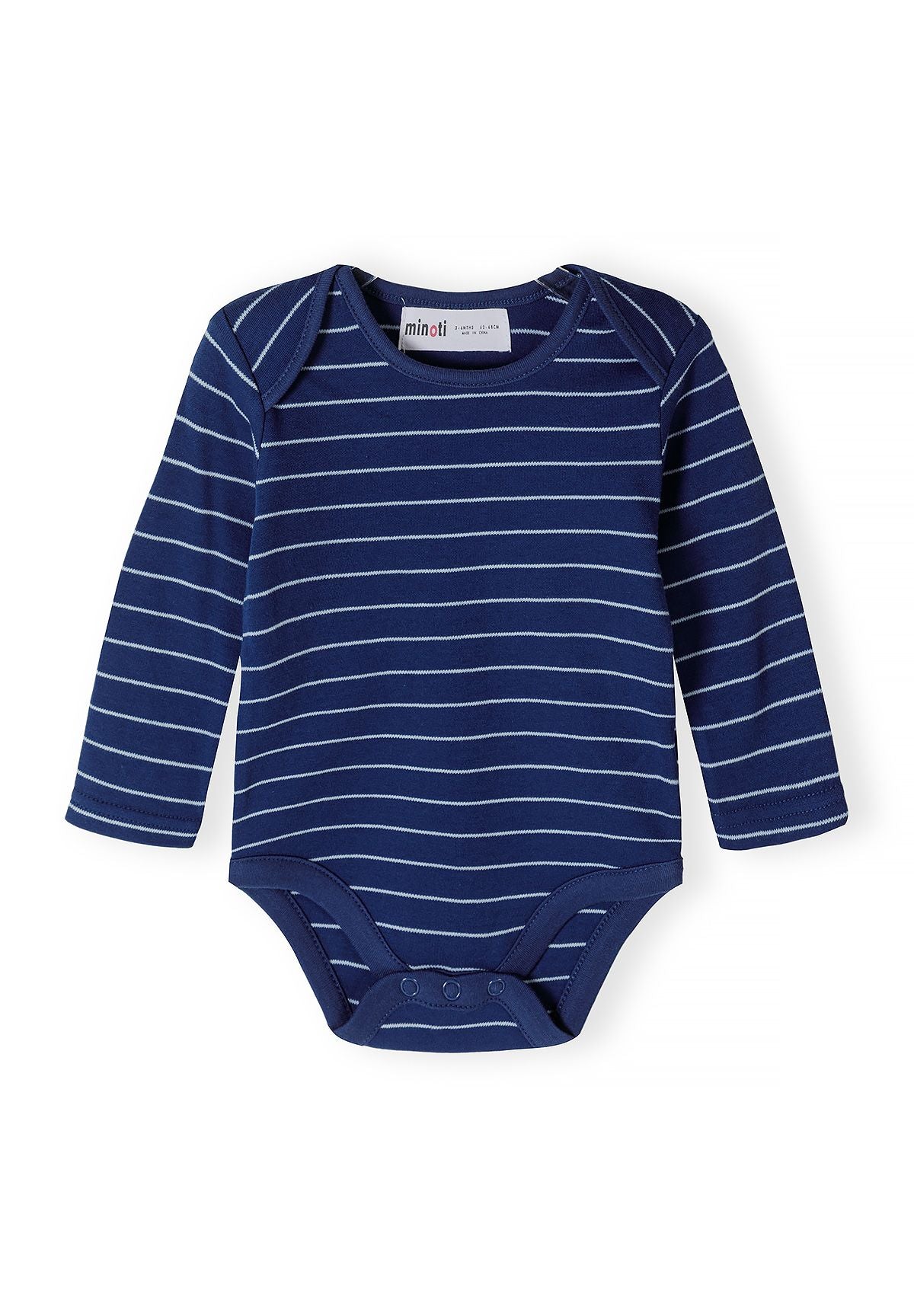 Babyblaue Langarmbodys mit Tiermuster (5er-Pack), marineblau gestreifter Body, Vorderseite.