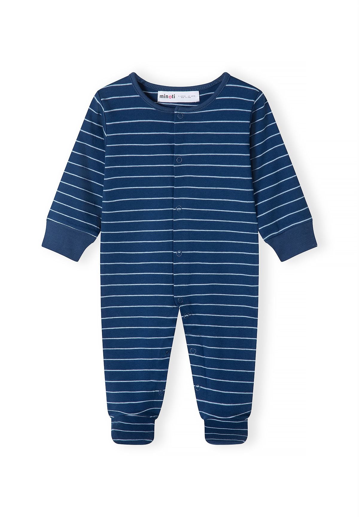 Babyblauwe slaapzakjes met dierenprint (set van 5), marineblauw gestreept slaapzakje, voorkant.
