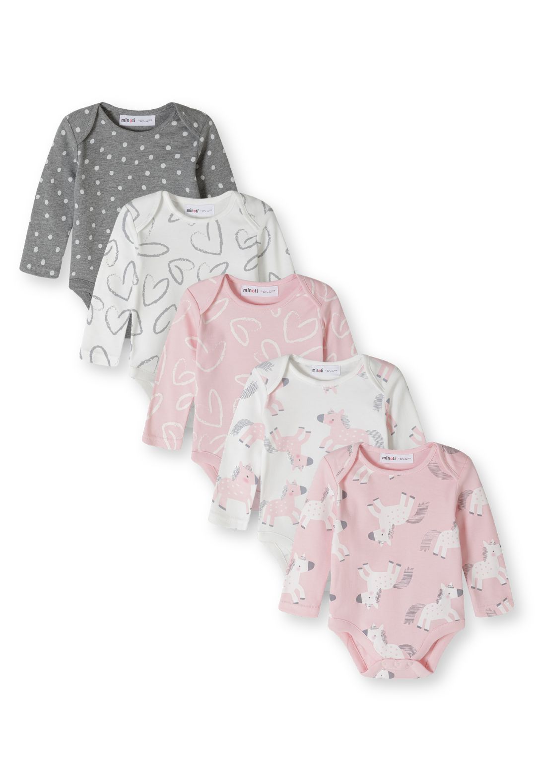 Babyroze, witte en grijze hemdjes met lange mouwen en eenhoornprint (set van 5), alle vijf de hemdjes.